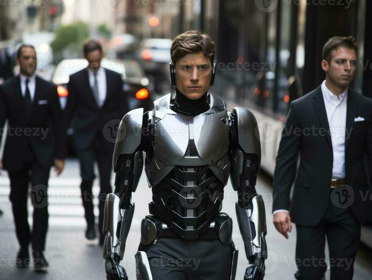 man in futuristic clothes enjoys a leisurely stroll through a city streets AI Generative photo