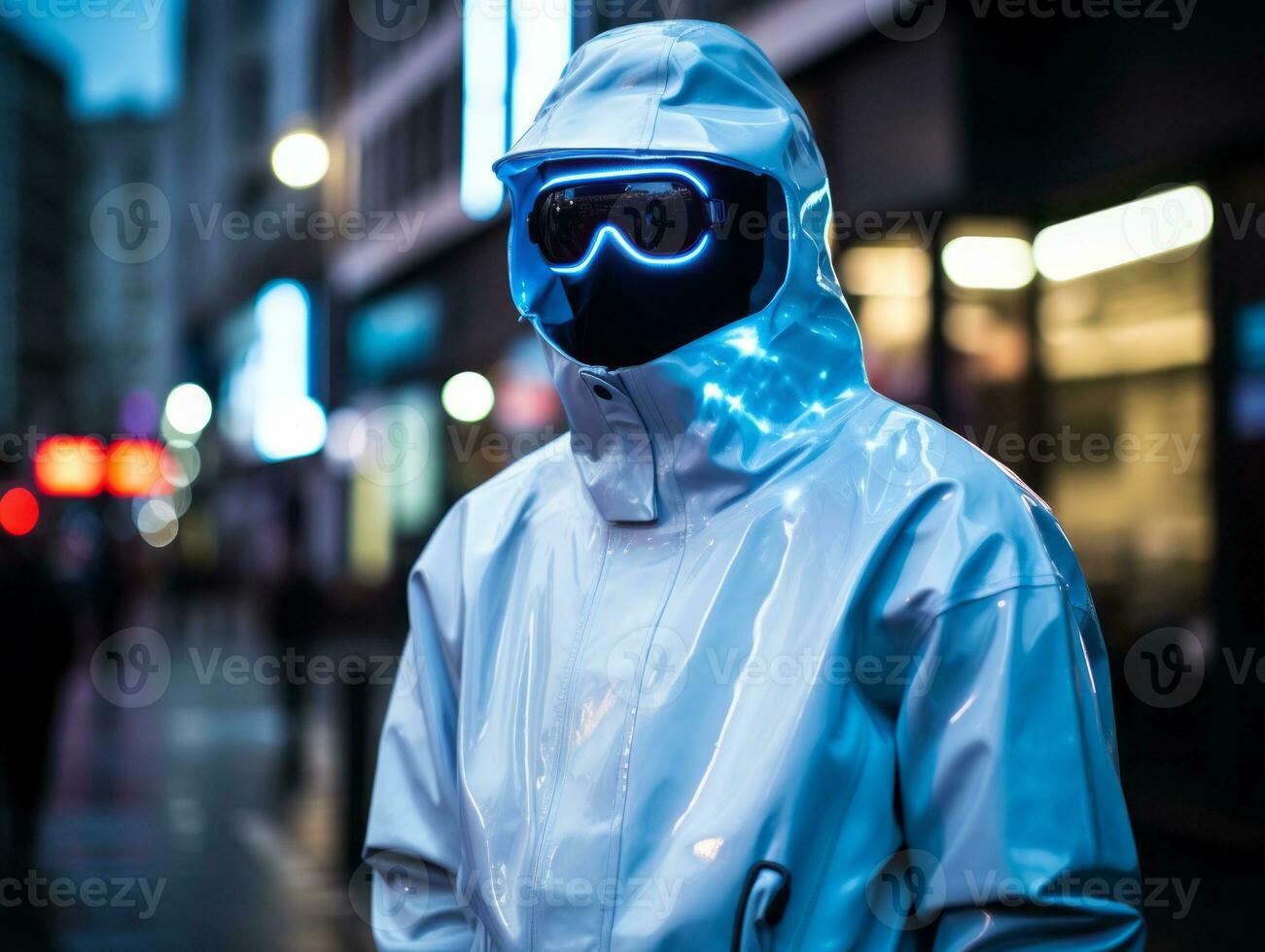man in futuristic clothes enjoys a leisurely stroll through a city streets AI Generative photo