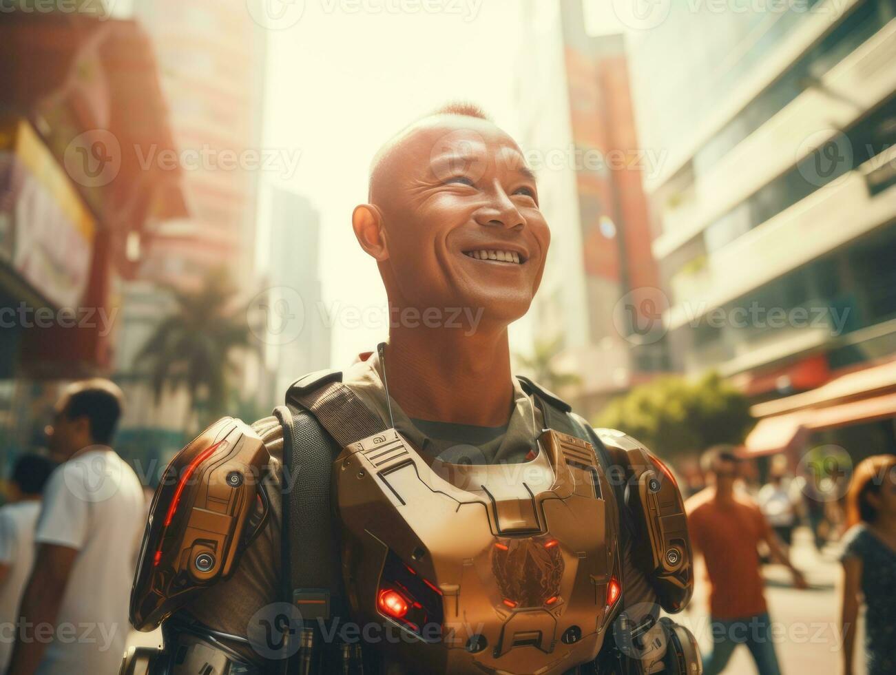 man in futuristic clothes enjoys a leisurely stroll through a city streets AI Generative photo