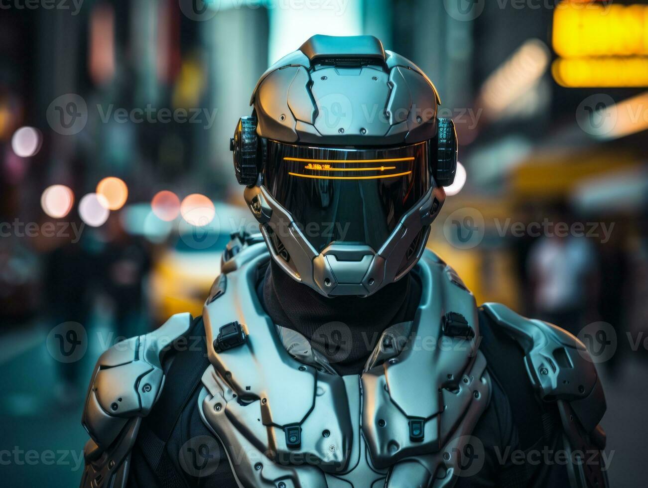 man in futuristic clothes enjoys a leisurely stroll through a city streets AI Generative photo