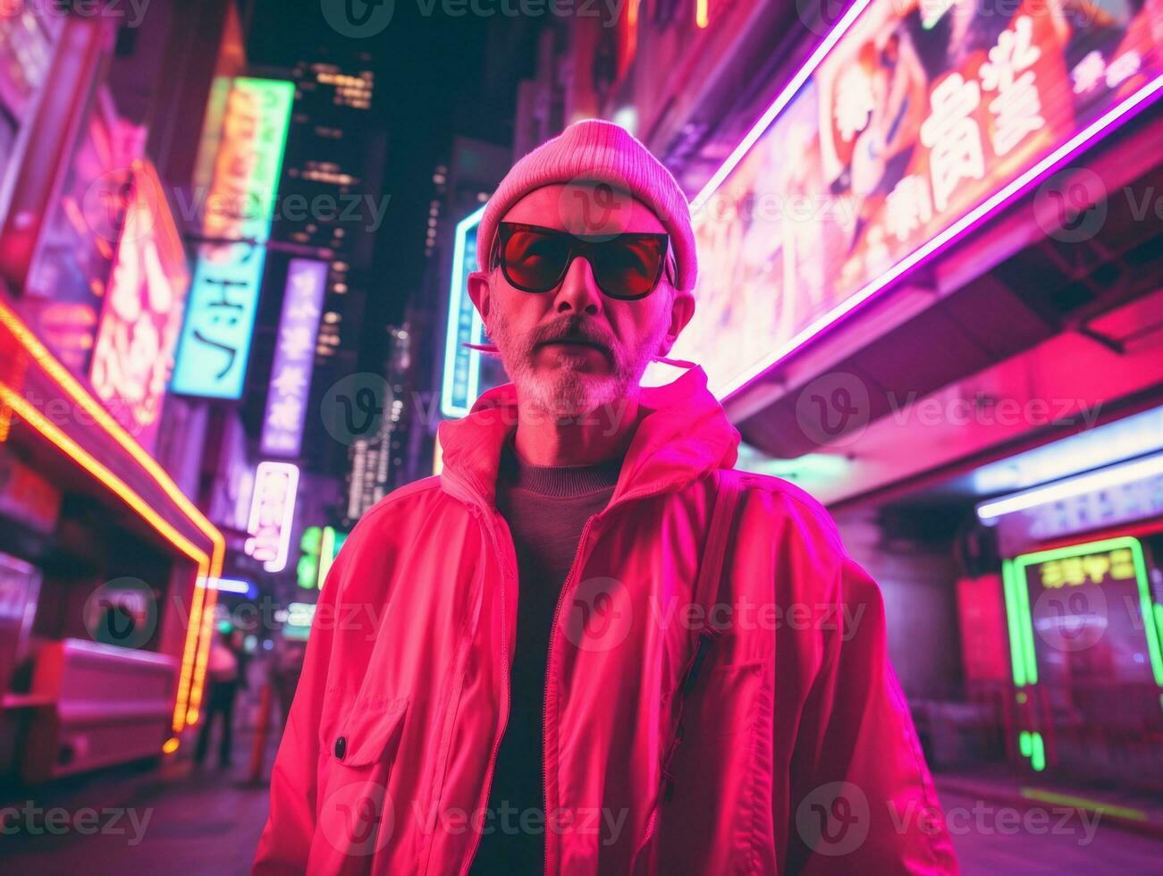 Man in future proof clothes enjoys a leisurely stroll through a neon lit city streets AI Generative photo
