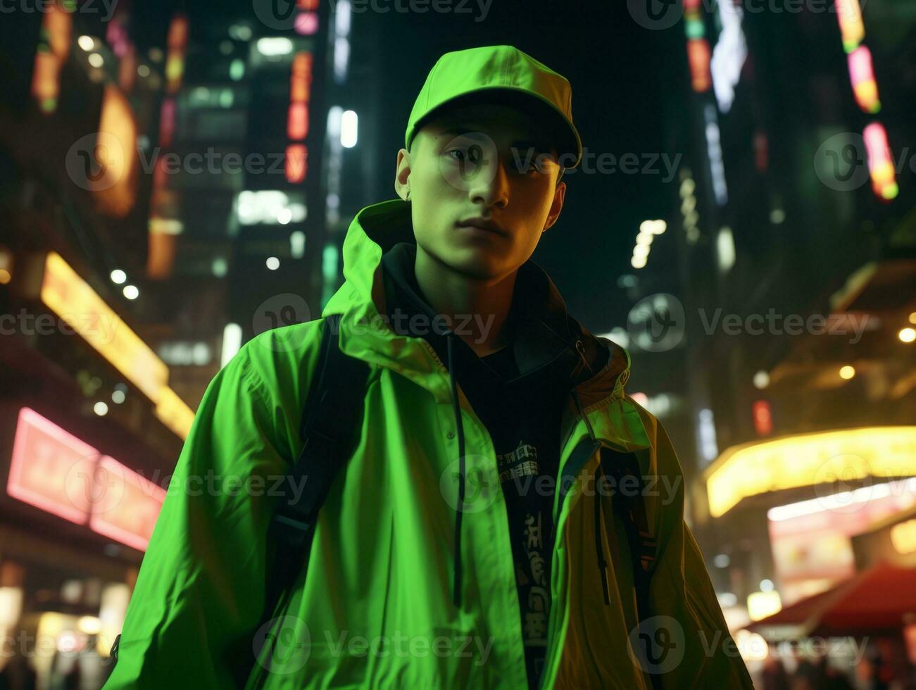 Man in future proof clothes enjoys a leisurely stroll through a neon lit city streets AI Generative photo