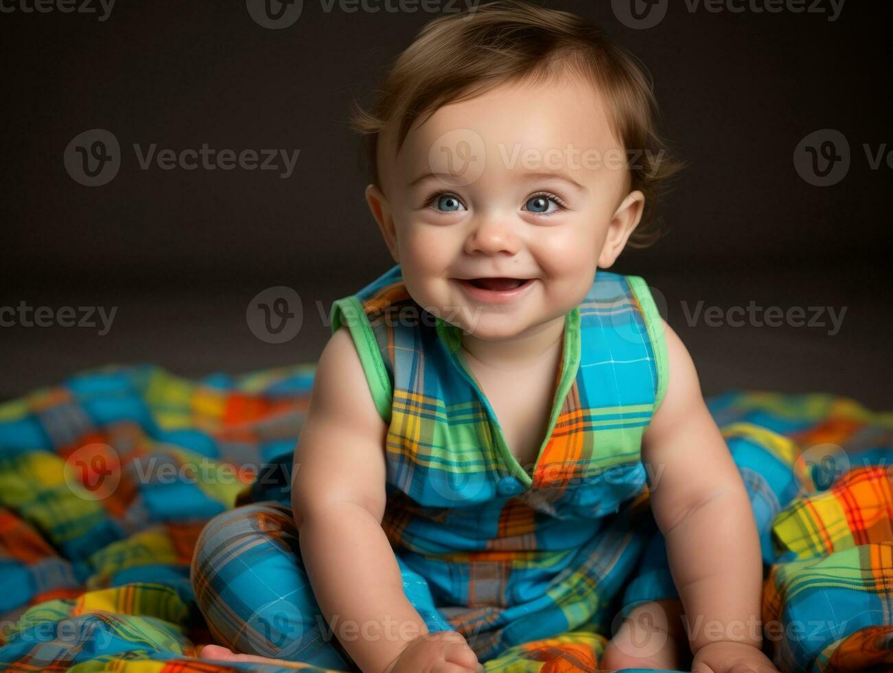 Adorable baby with vibrant clothing in a playful pose AI Generative photo