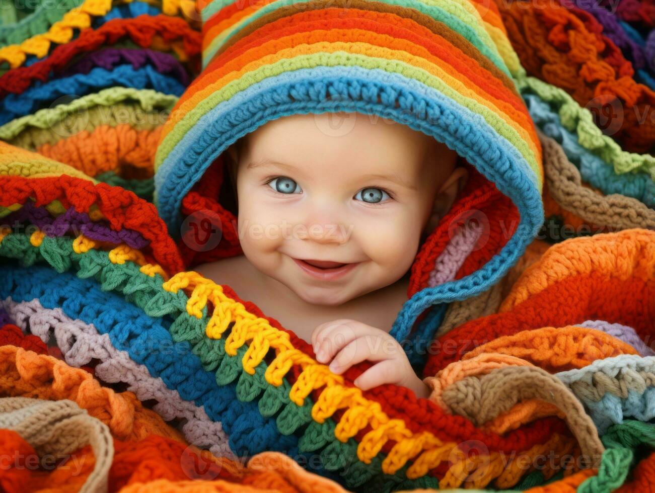 Adorable baby with vibrant clothing in a playful pose AI Generative photo
