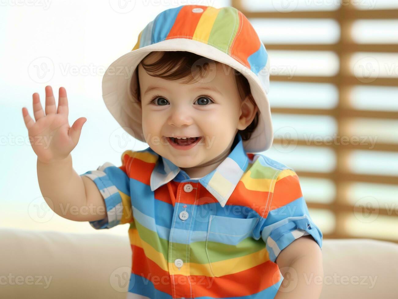 Adorable baby with vibrant clothing in a playful pose AI Generative photo