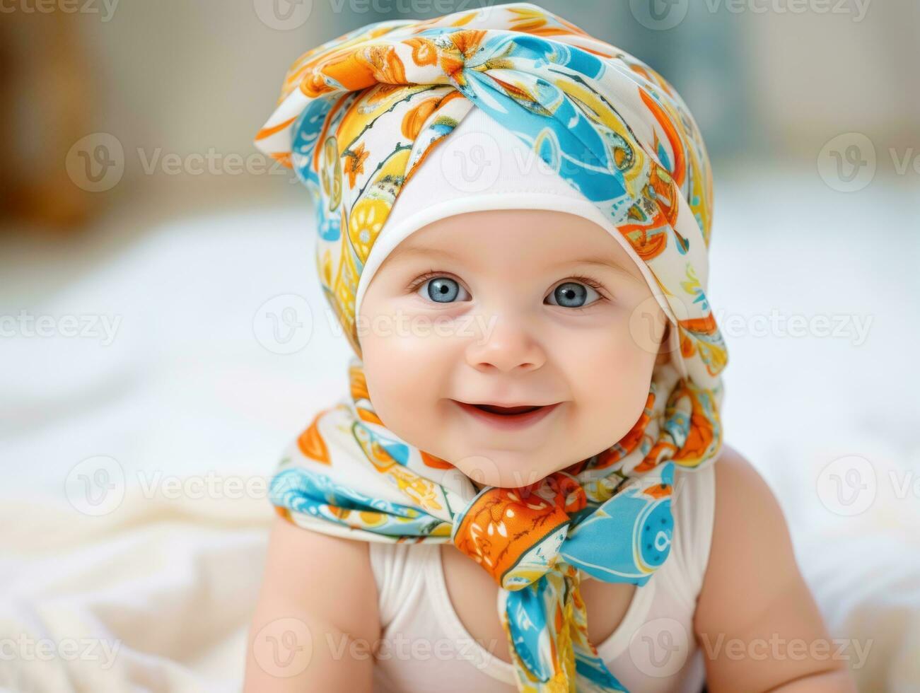 Adorable baby with vibrant clothing in a playful pose AI Generative photo