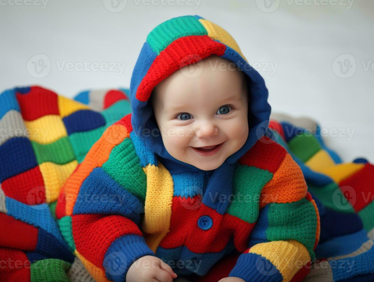 Adorable baby with vibrant clothing in a playful pose AI Generative photo