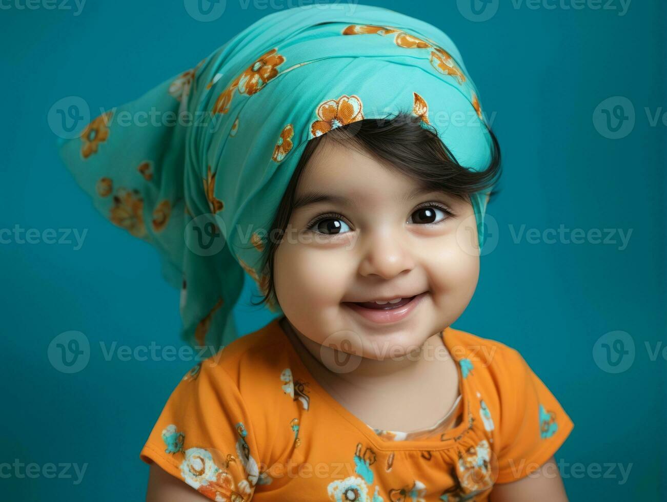 Adorable baby with vibrant clothing in a playful pose AI Generative photo