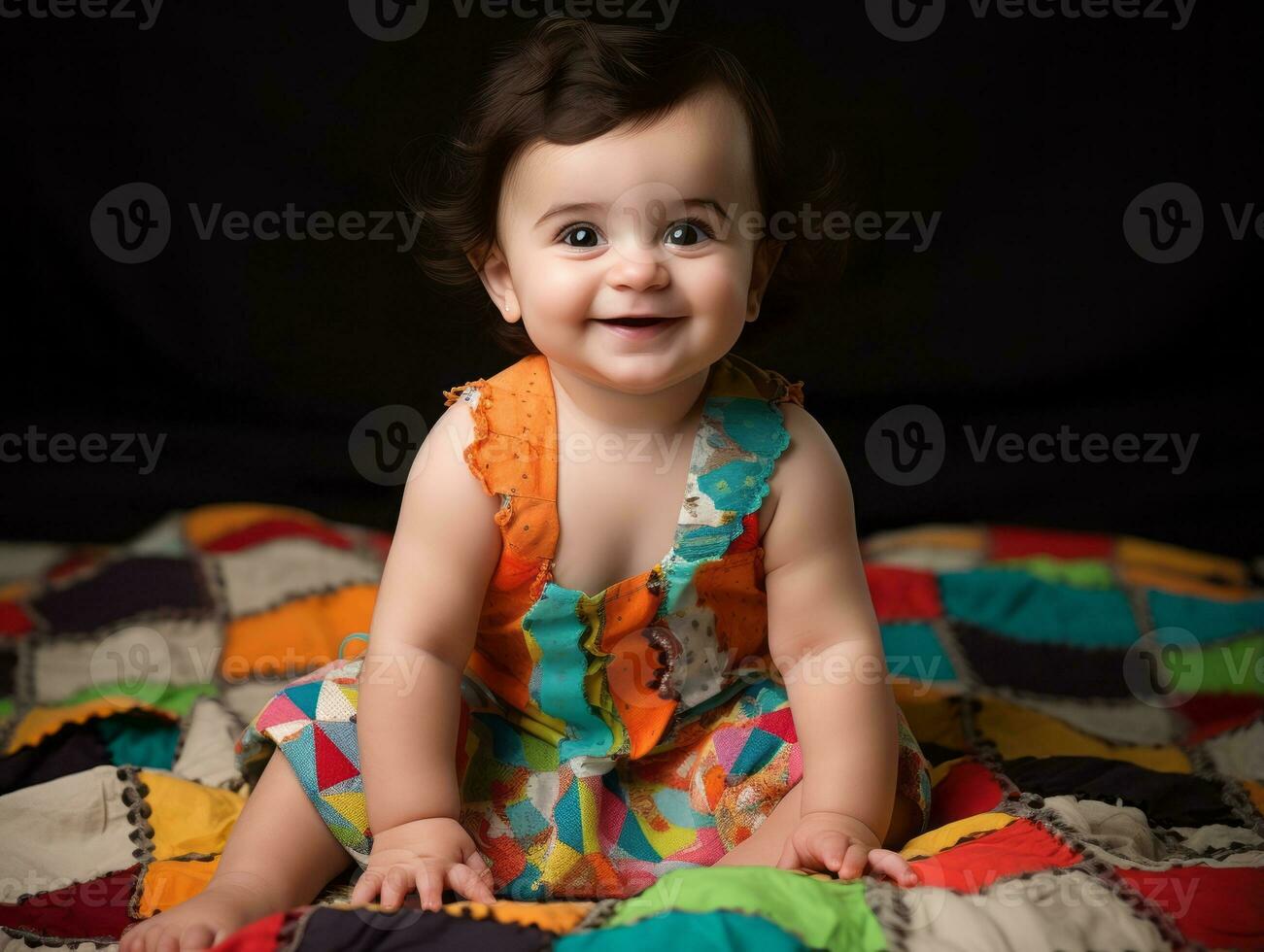 Adorable baby with vibrant clothing in a playful pose AI Generative photo