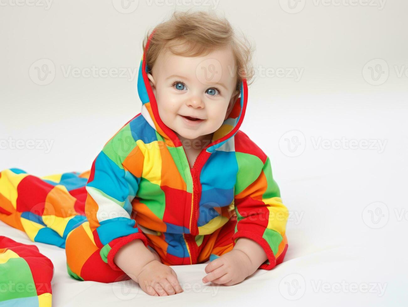 Adorable baby with vibrant clothing in a playful pose AI Generative photo