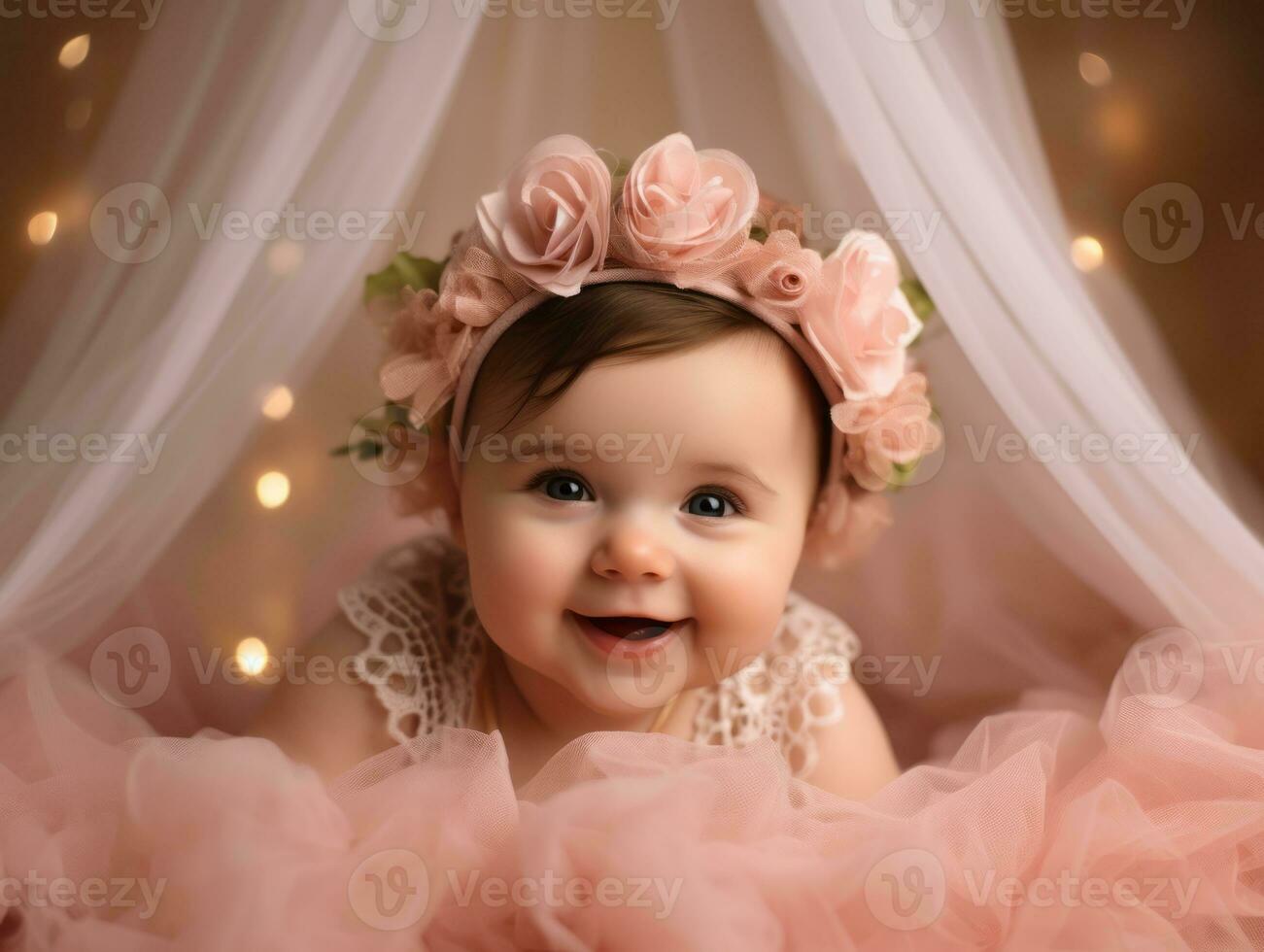 Adorable baby with vibrant clothing in a playful pose AI Generative photo