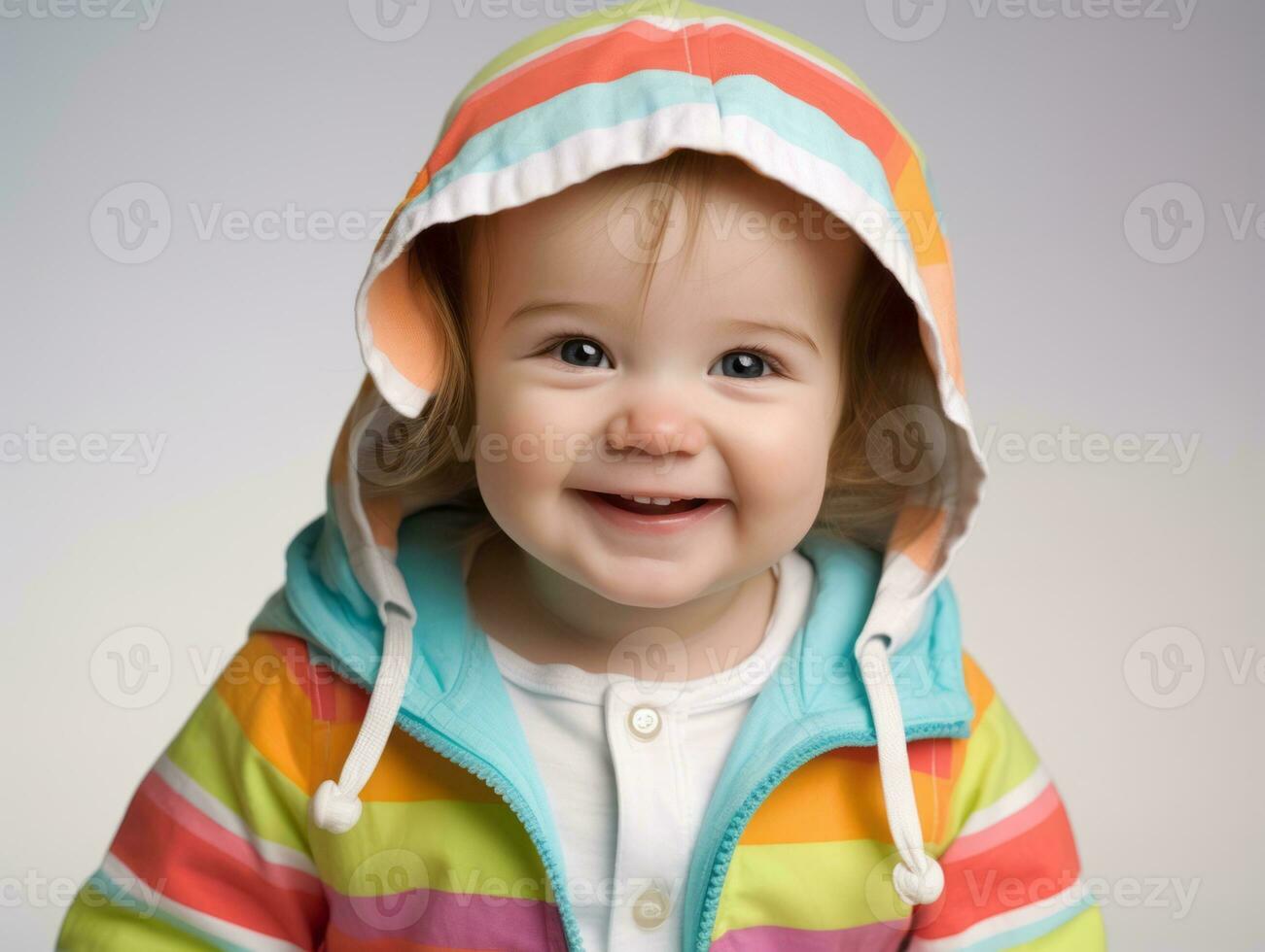 adorable bebé con vibrante ropa en un juguetón actitud ai generativo foto