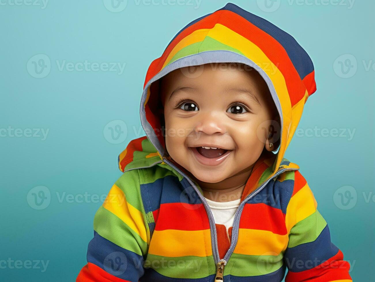 Adorable baby with vibrant clothing in a playful pose AI Generative photo