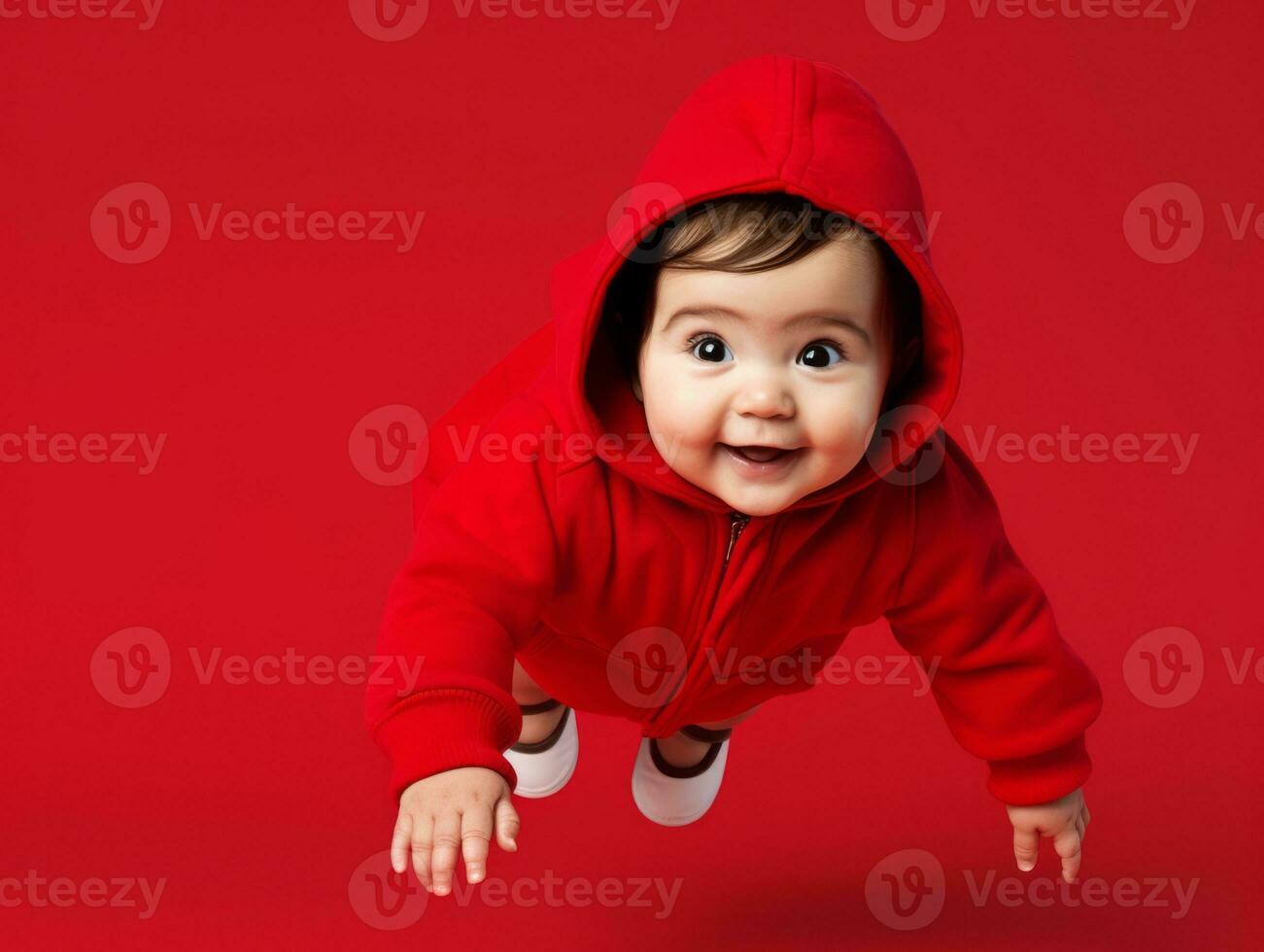 Adorable baby with vibrant clothing in a playful pose AI Generative photo