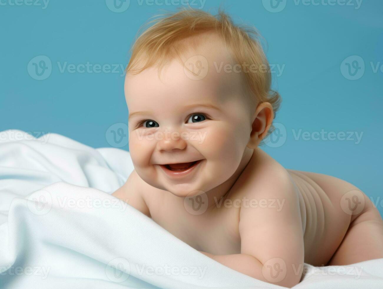 Adorable baby with vibrant clothing in a playful pose AI Generative photo