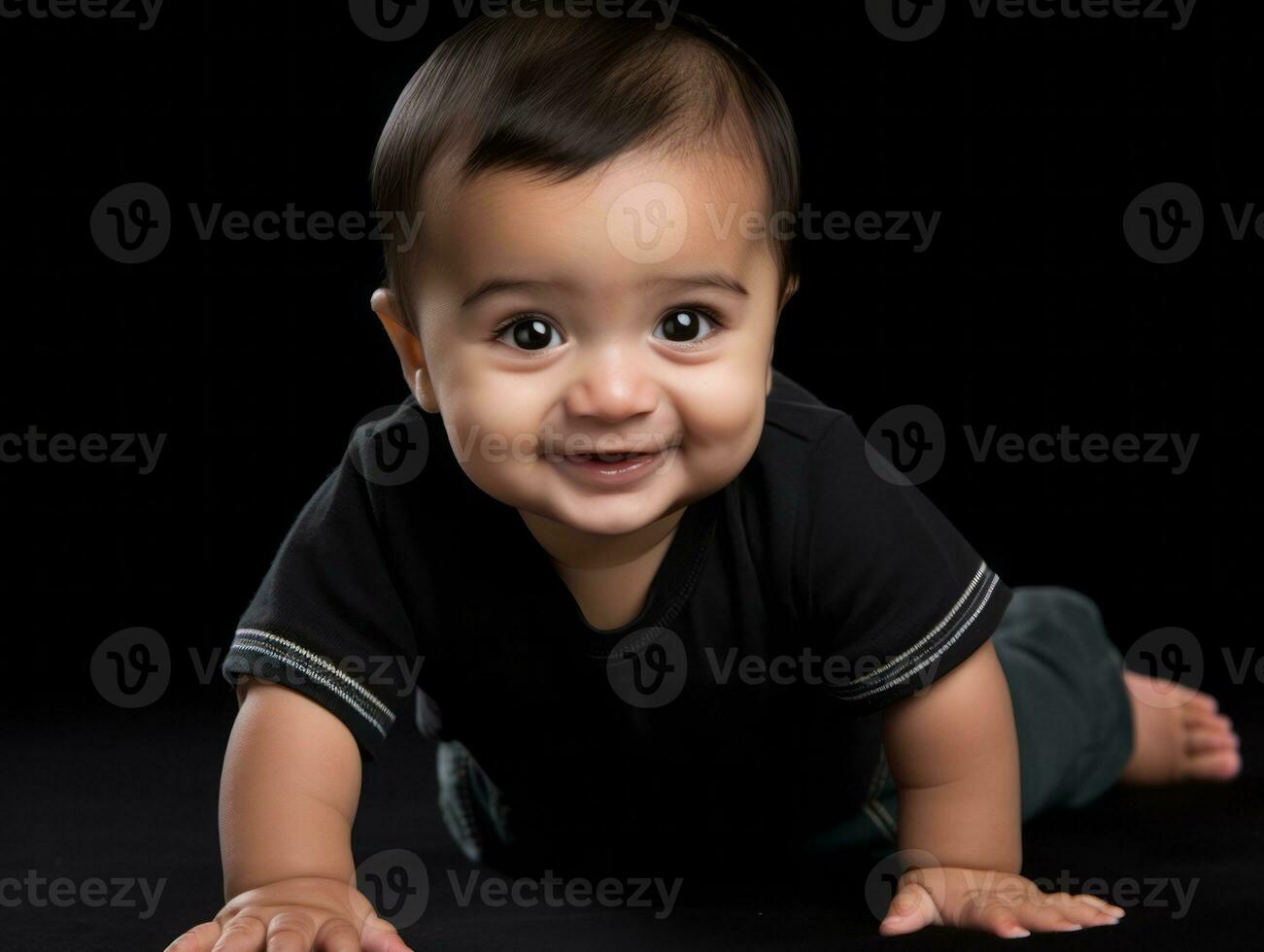 Adorable baby with vibrant clothing in a playful pose AI Generative photo