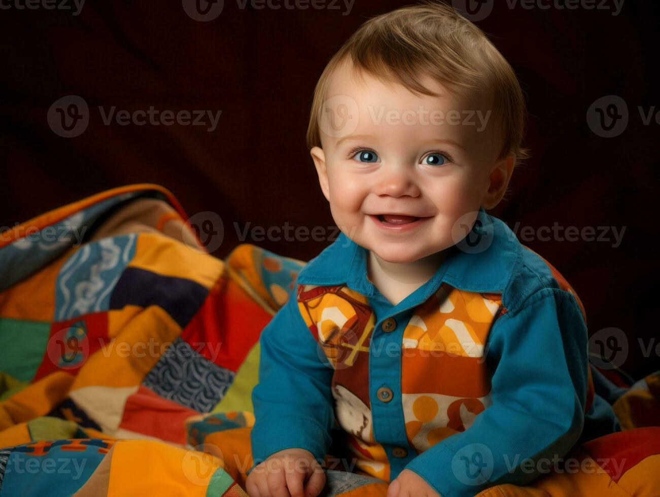 Adorable baby with vibrant clothing in a playful pose AI Generative photo