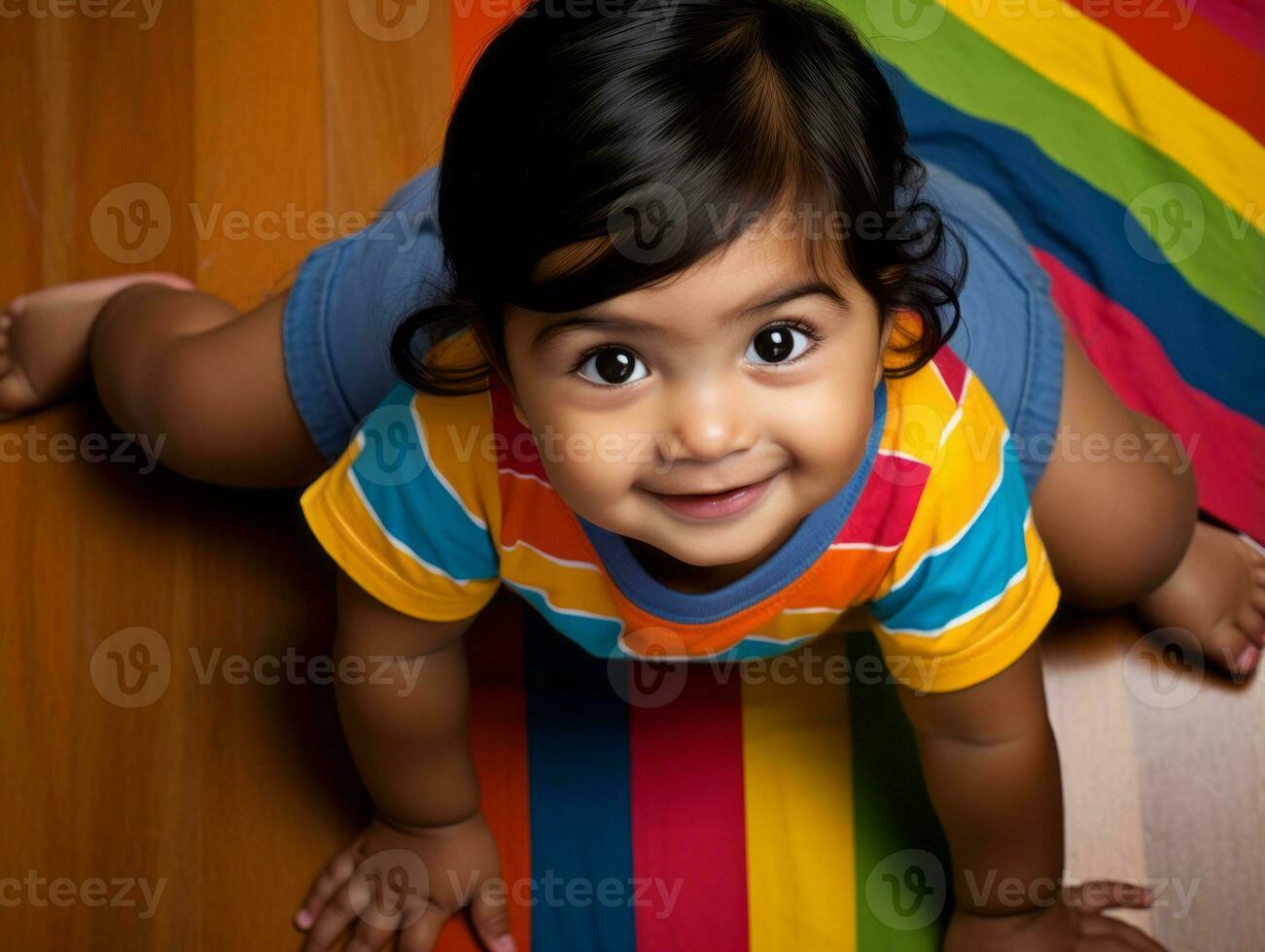 Adorable baby with vibrant clothing in a playful pose AI Generative photo