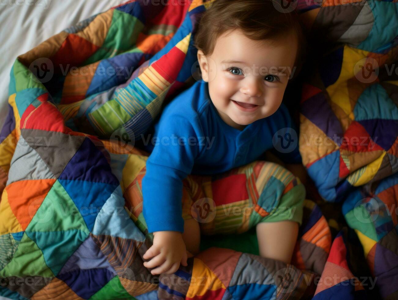 adorable bebé con vibrante ropa en un juguetón actitud ai generativo foto