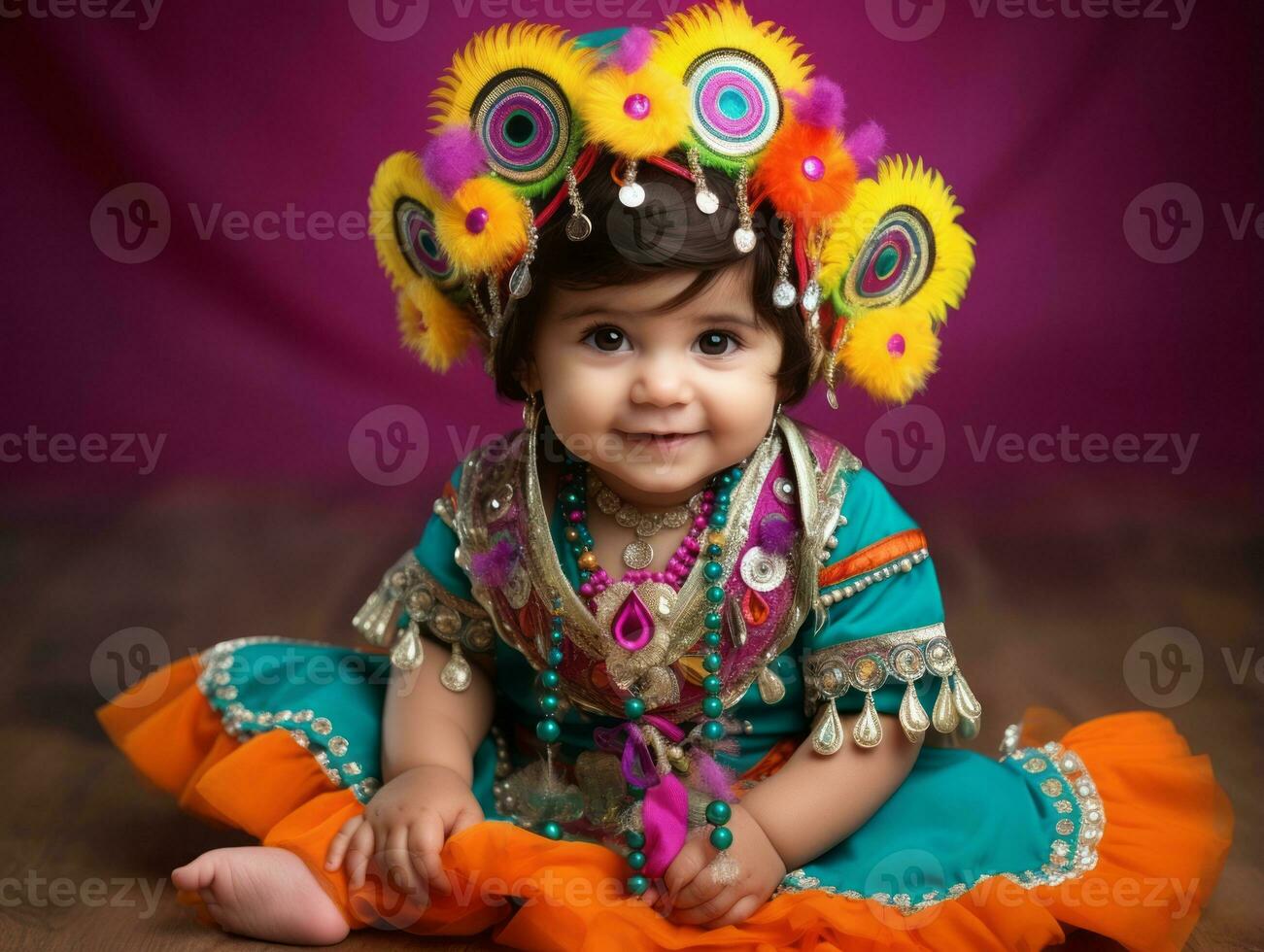 Adorable baby with vibrant clothing in a playful pose AI Generative photo