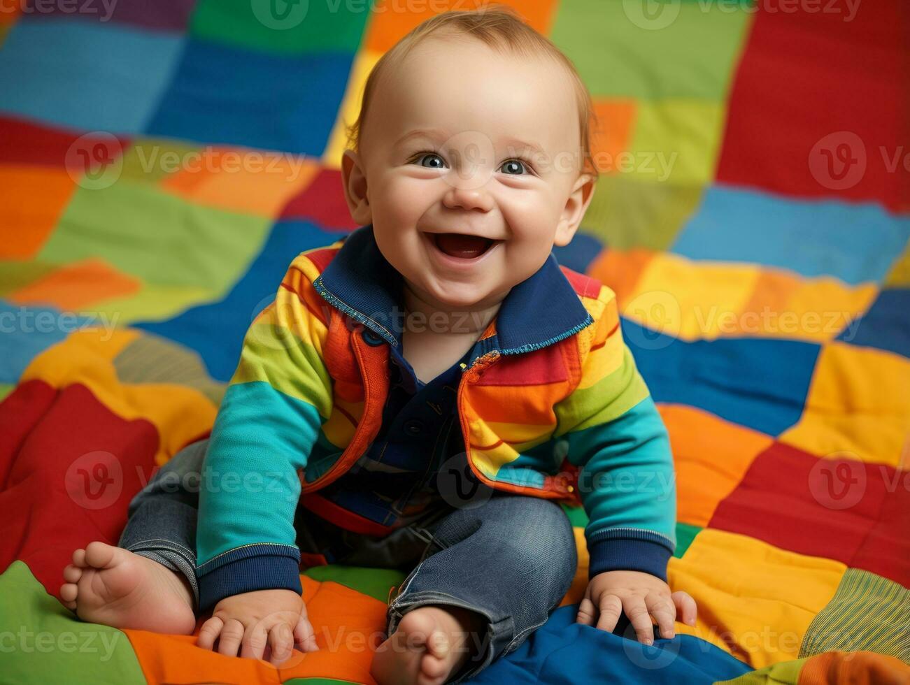 Adorable baby with vibrant clothing in a playful pose AI Generative photo