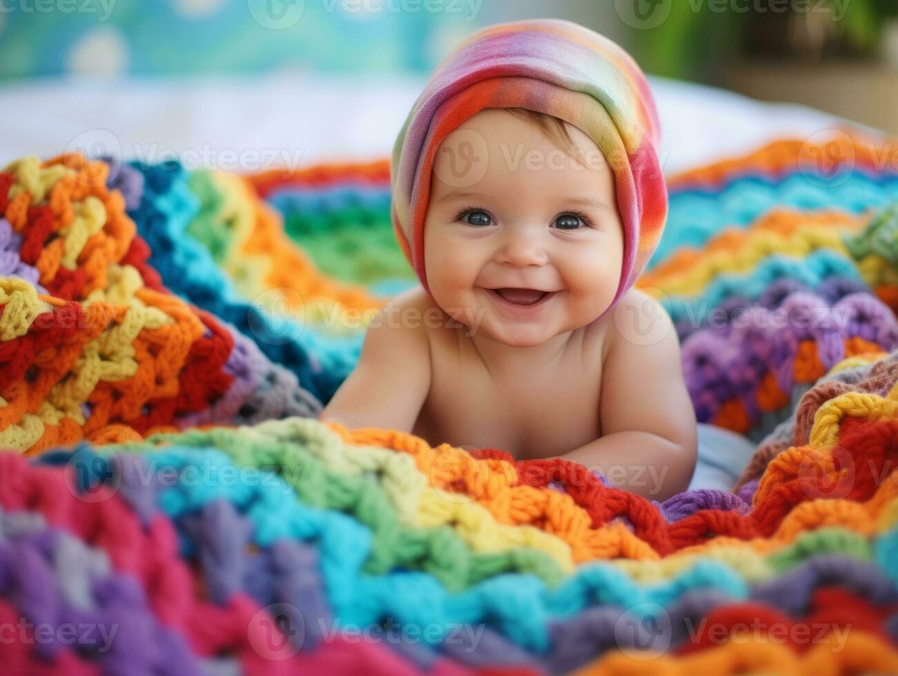 Adorable baby with vibrant clothing in a playful pose AI Generative photo