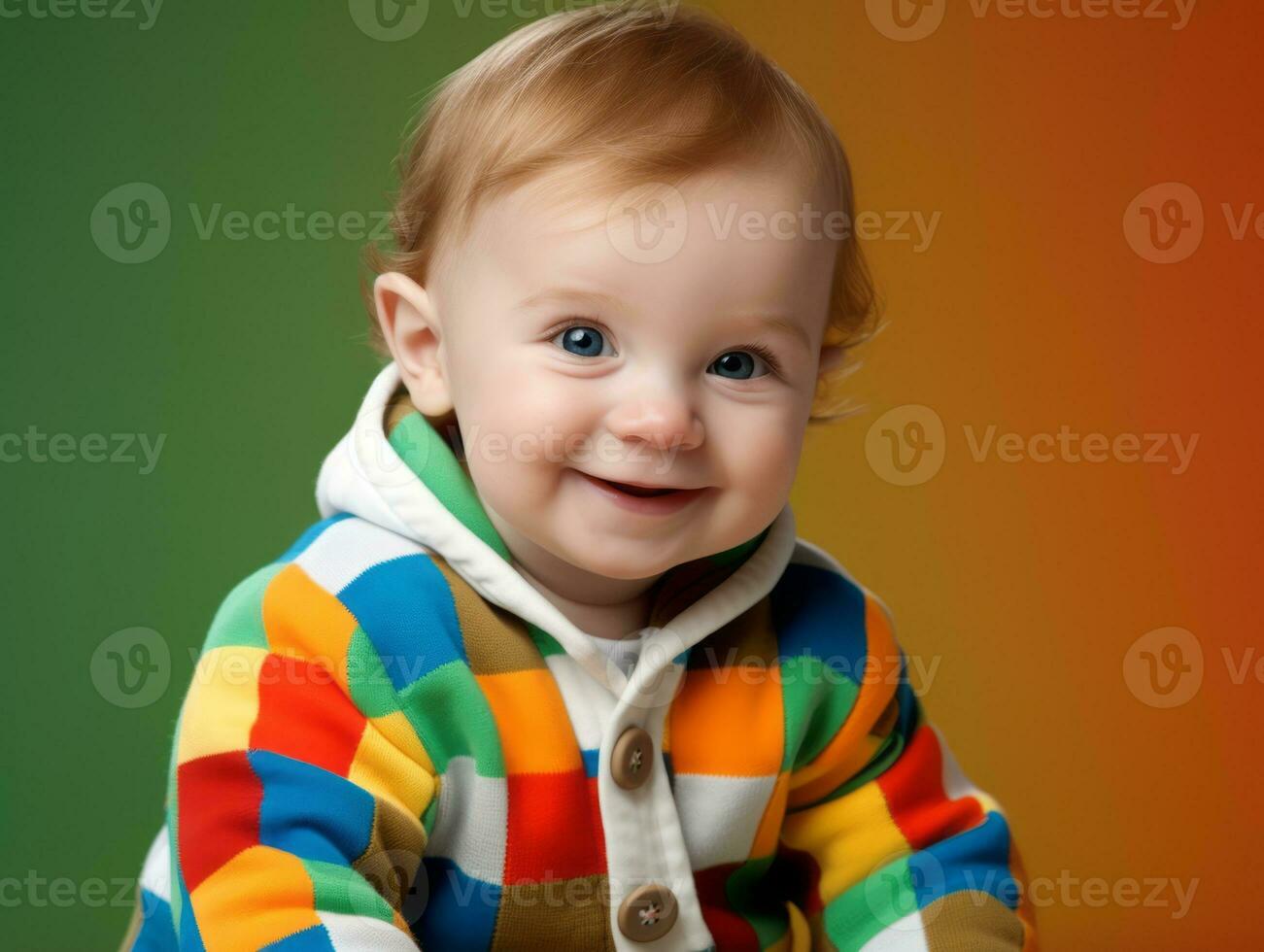 adorable bebé con vibrante ropa en un juguetón actitud ai generativo foto