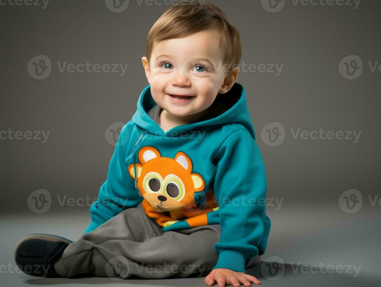 Adorable baby with vibrant clothing in a playful pose AI Generative photo