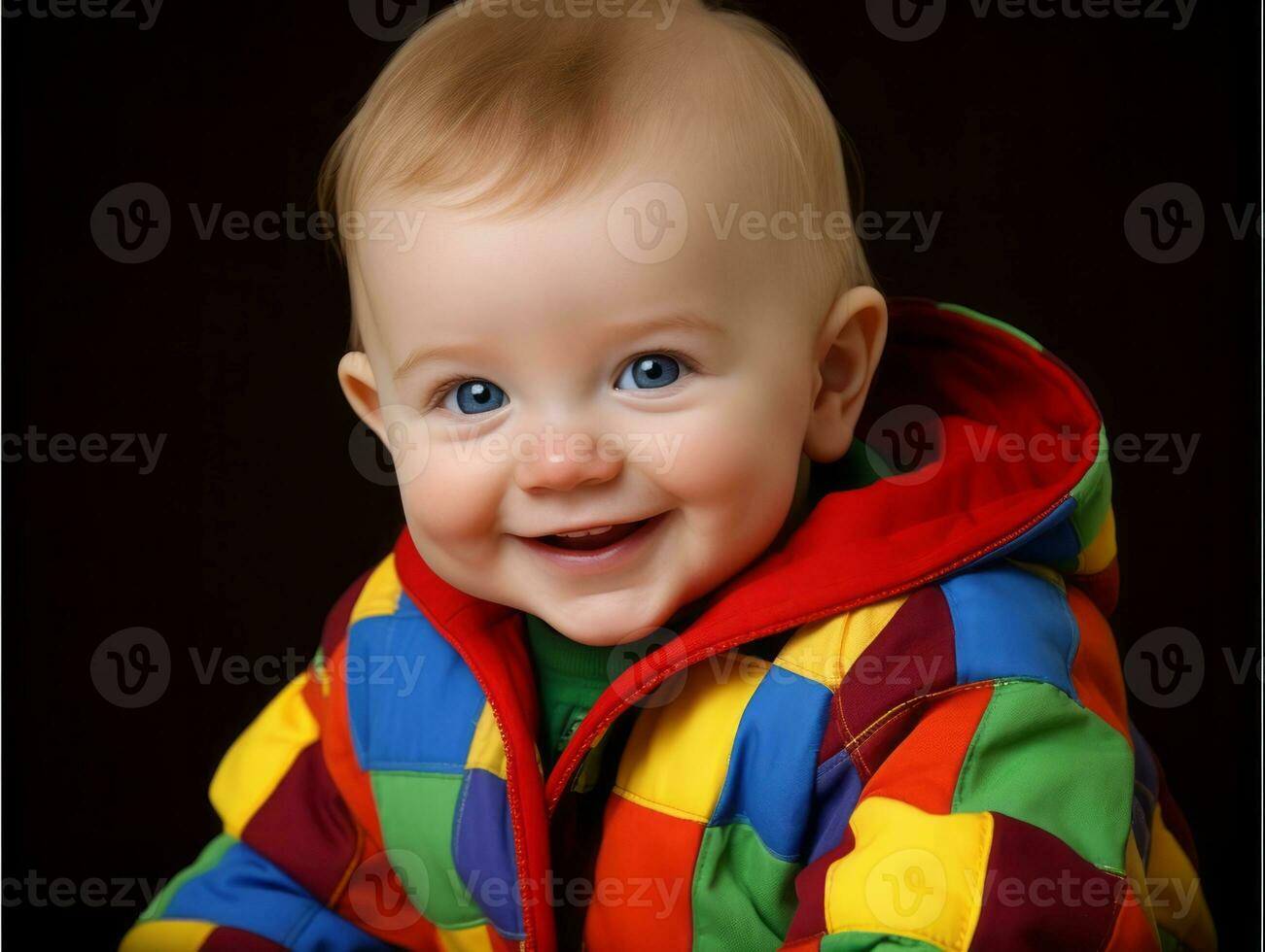 Adorable baby with vibrant clothing in a playful pose AI Generative photo