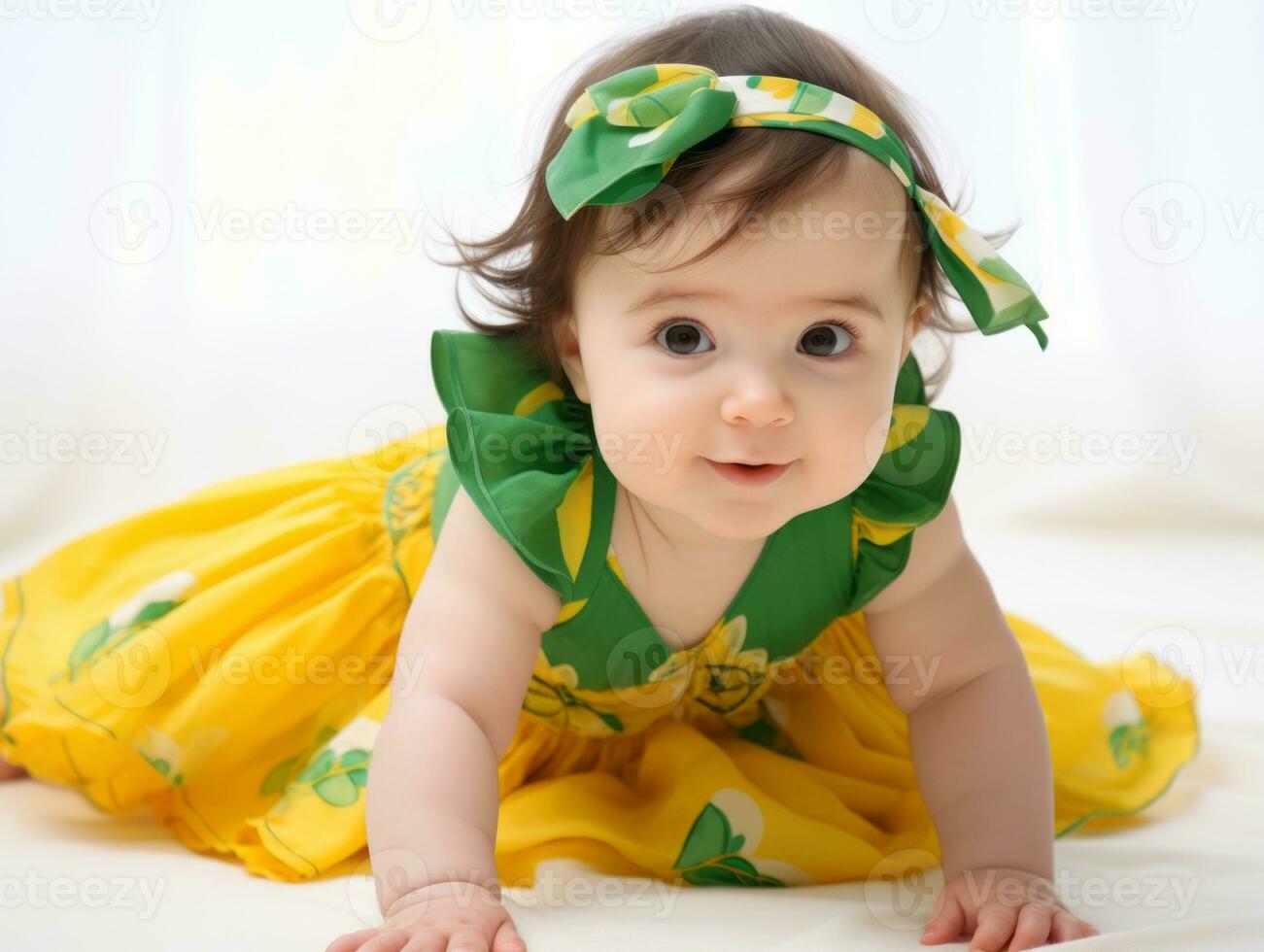 Adorable baby with vibrant clothing in a playful pose AI Generative photo