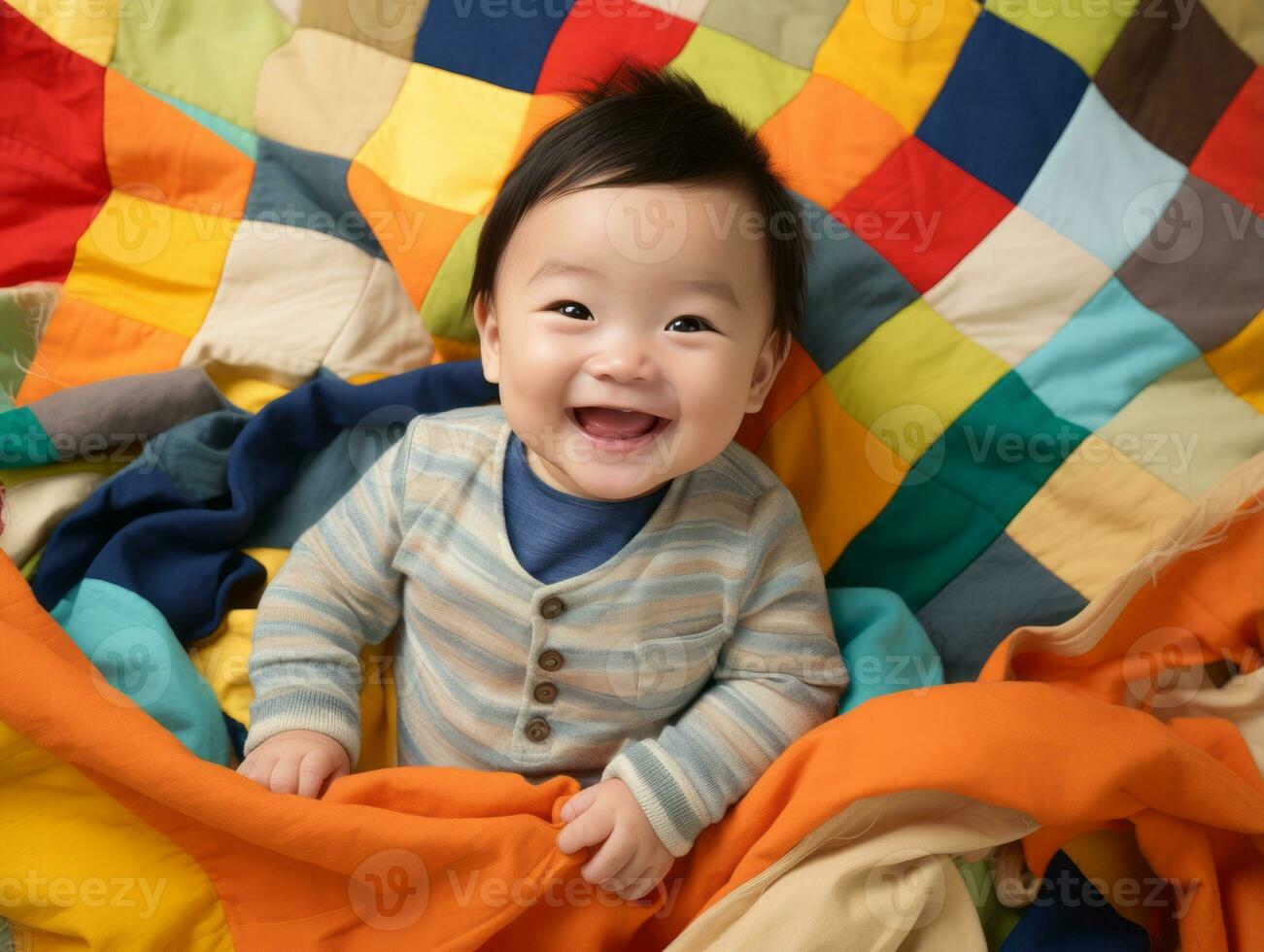 adorable bebé con vibrante ropa en un juguetón actitud ai generativo foto