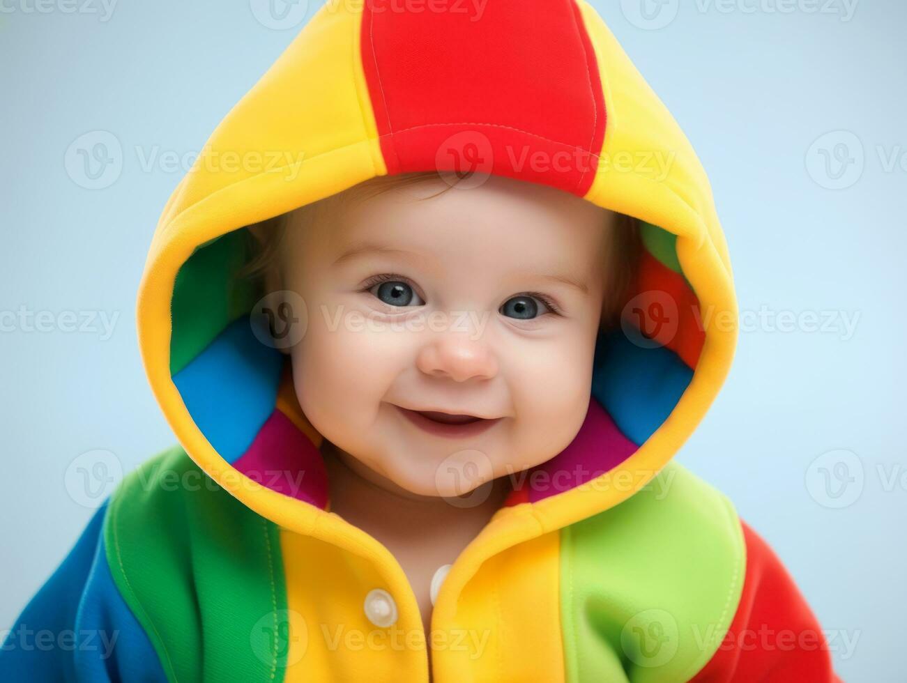 adorable bebé con vibrante ropa en un juguetón actitud ai generativo foto