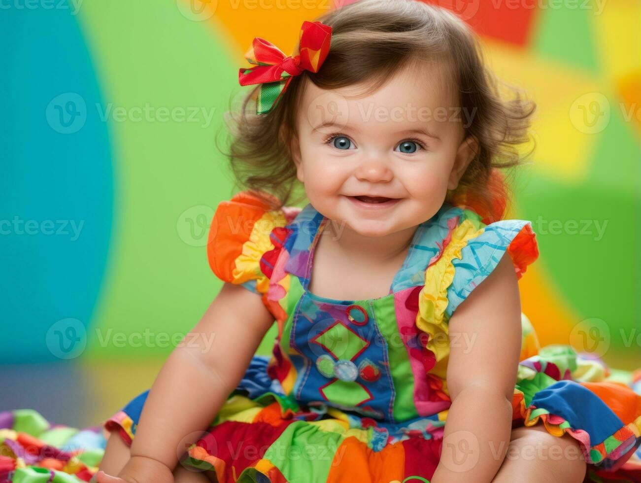Adorable baby with vibrant clothing in a playful pose AI Generative photo