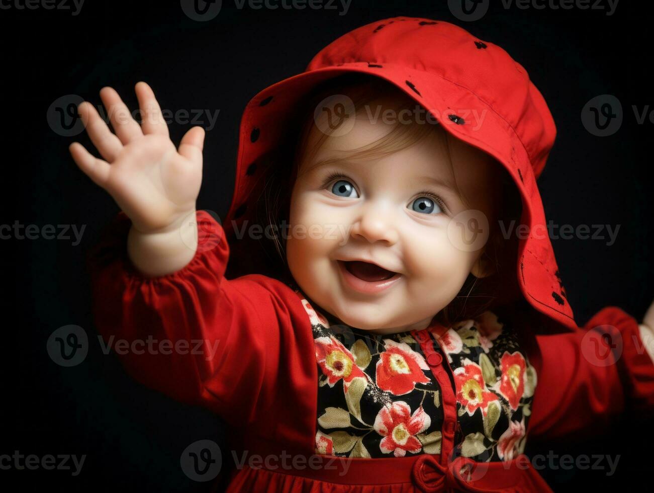 Adorable baby with vibrant clothing in a playful pose AI Generative photo