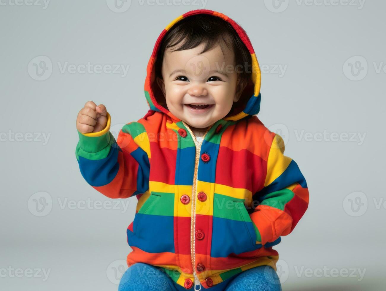 adorable bebé con vibrante ropa en un juguetón actitud ai generativo foto