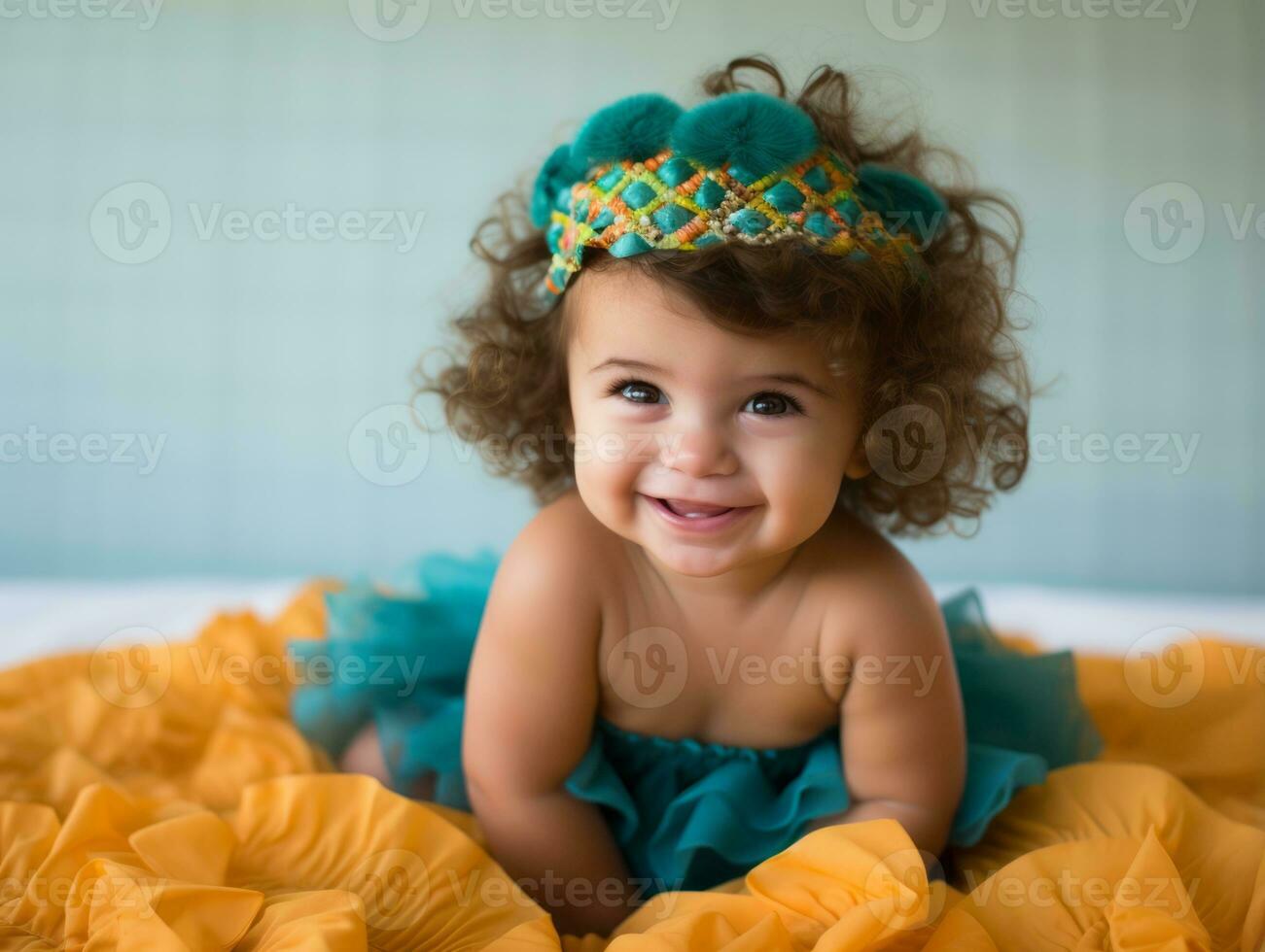 Adorable baby with vibrant clothing in a playful pose AI Generative photo