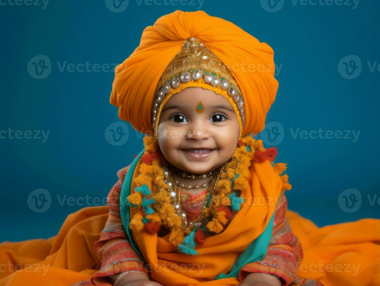 Adorable baby with vibrant clothing in a playful pose AI Generative photo