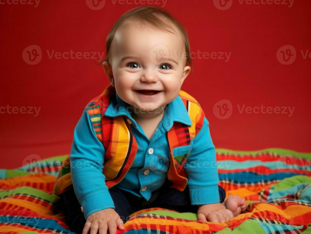 Adorable baby with vibrant clothing in a playful pose AI Generative photo