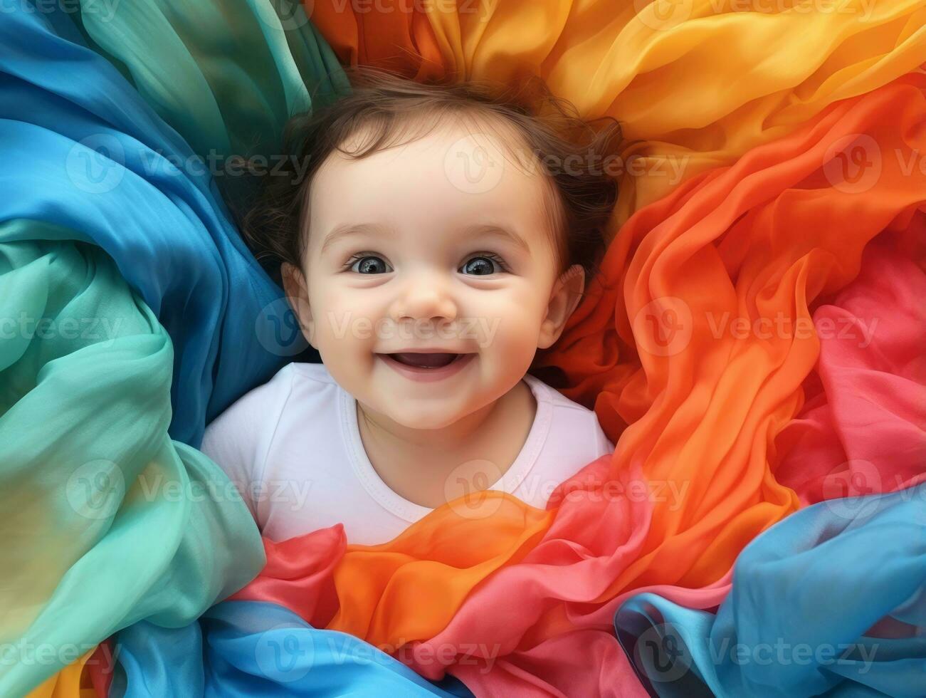 Adorable baby with vibrant clothing in a playful pose AI Generative photo