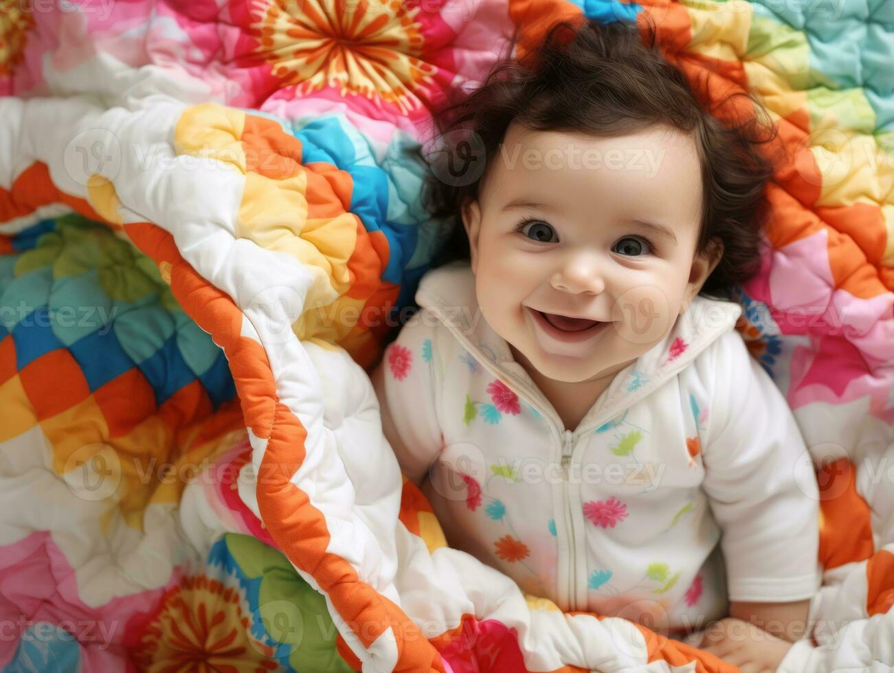 Adorable baby with vibrant clothing in a playful pose AI Generative photo
