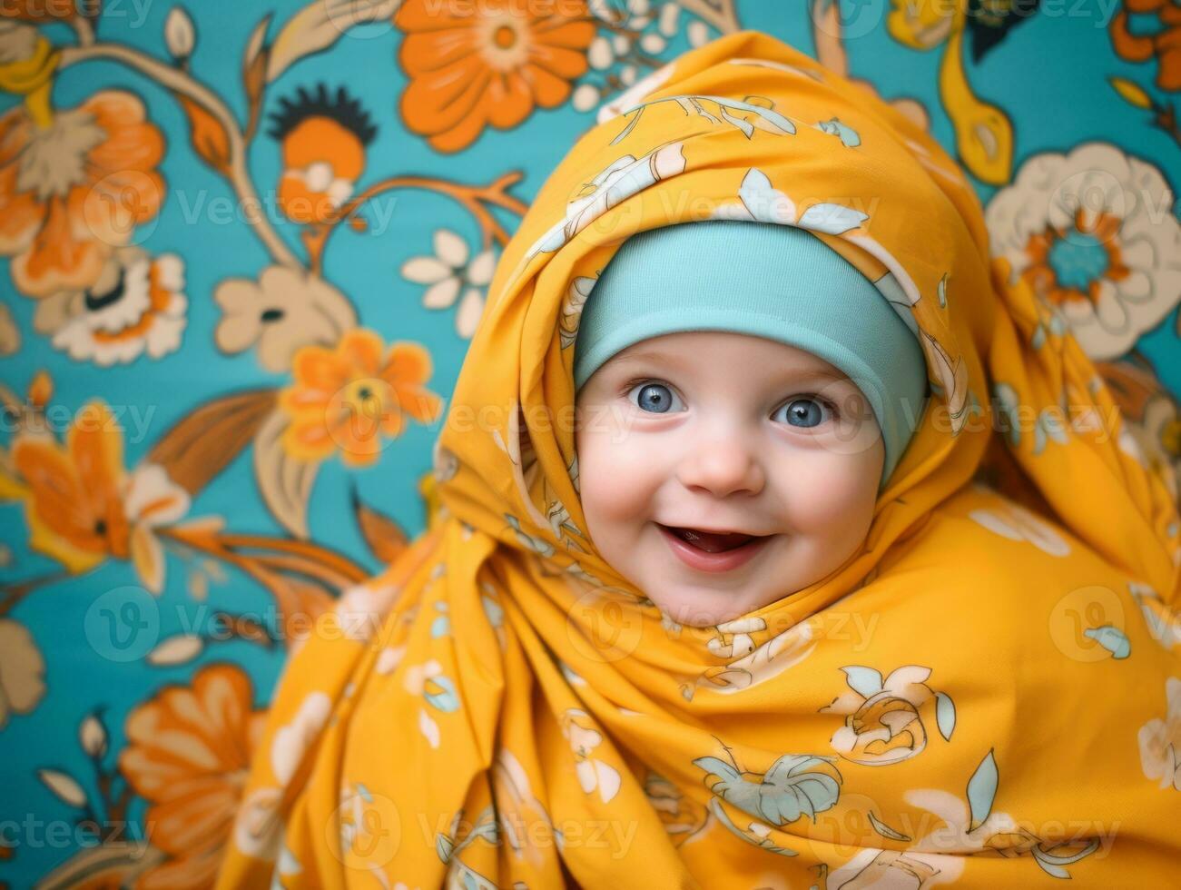 Adorable baby with vibrant clothing in a playful pose AI Generative photo