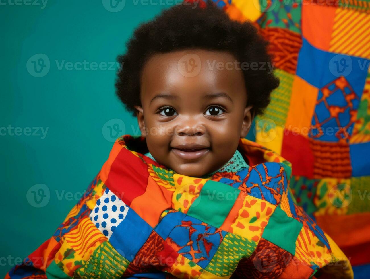 Adorable baby with vibrant clothing in a playful pose AI Generative photo