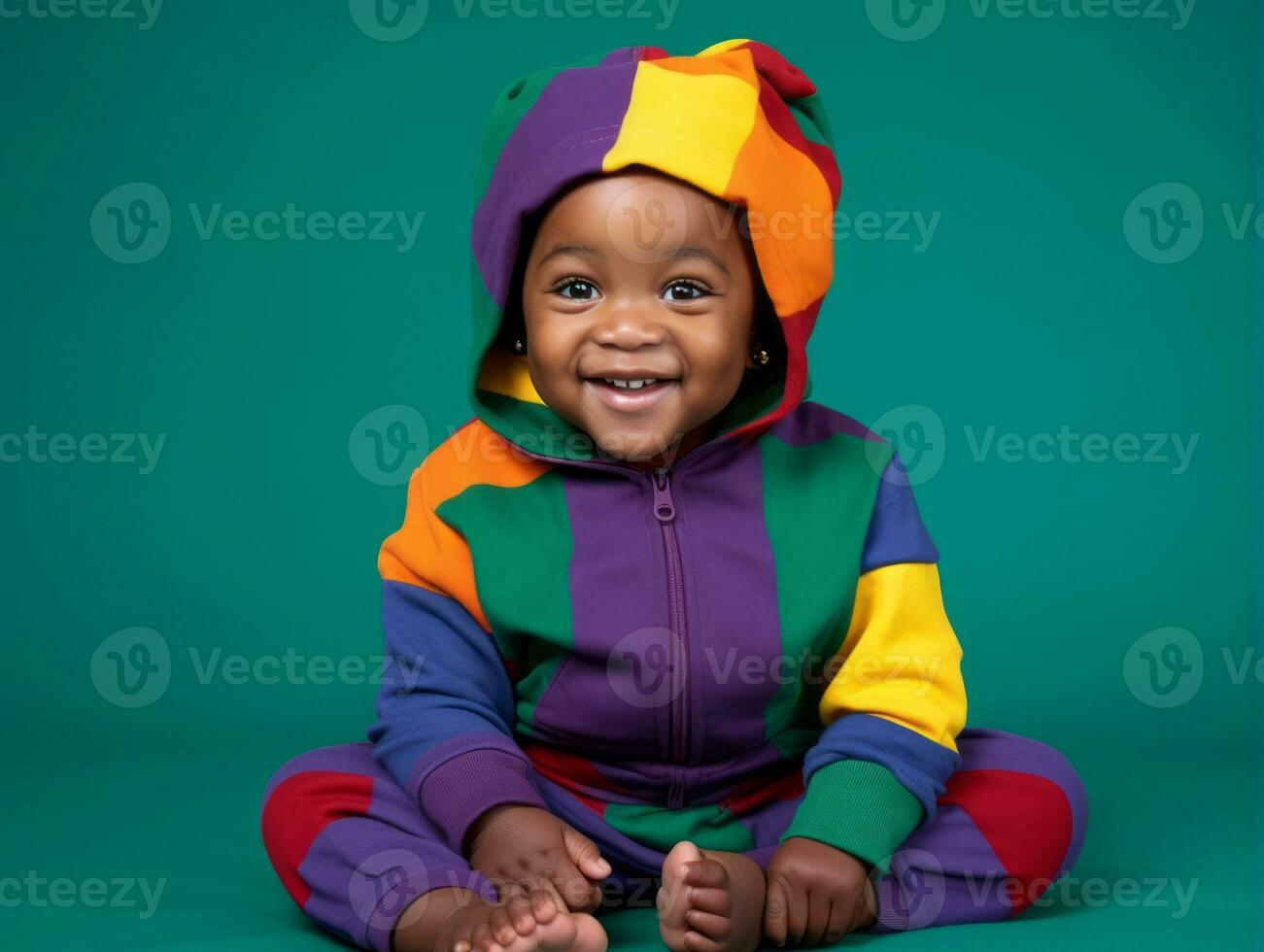 Adorable baby with vibrant clothing in a playful pose AI Generative photo