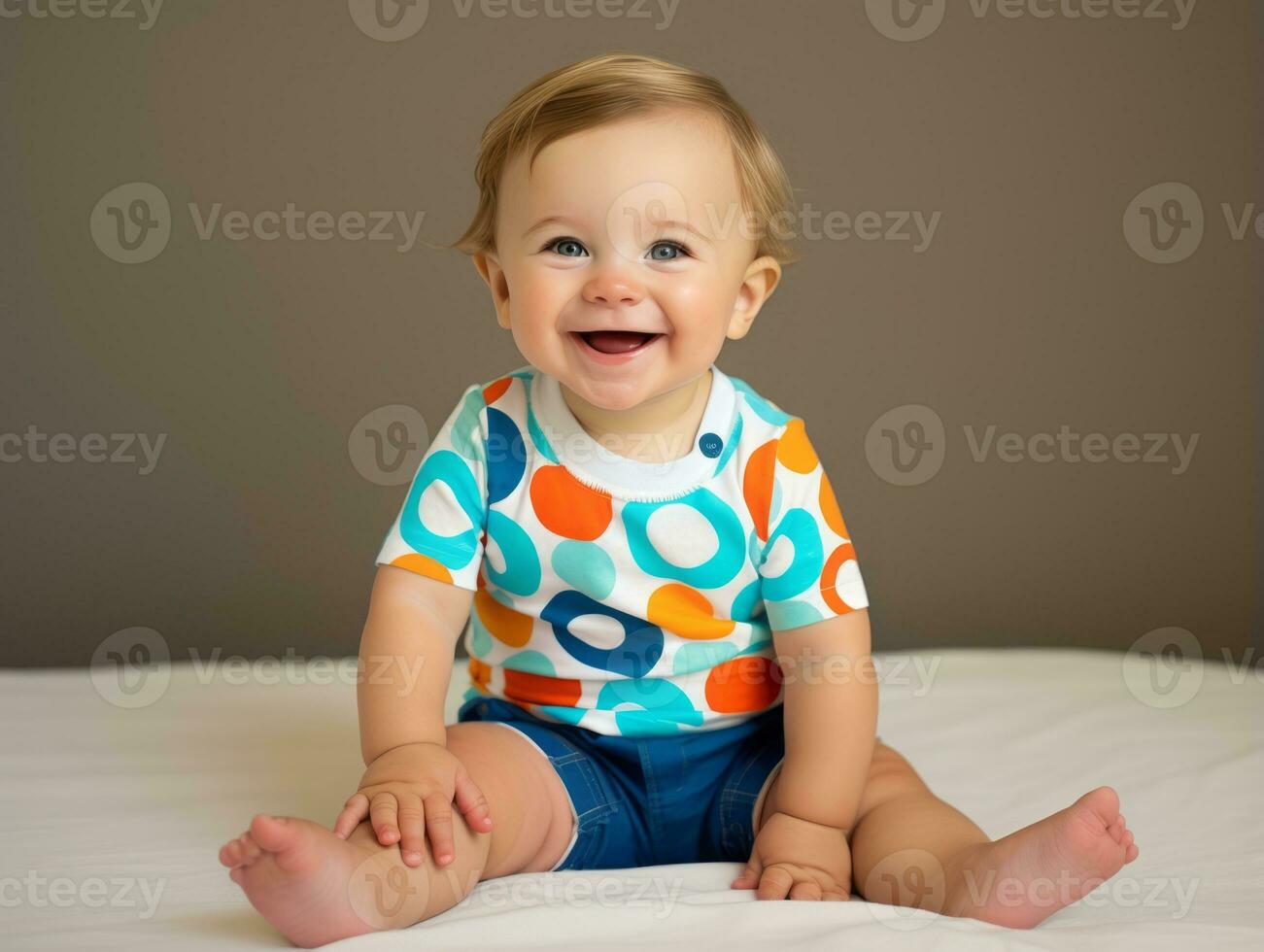 Adorable baby with vibrant clothing in a playful pose AI Generative photo