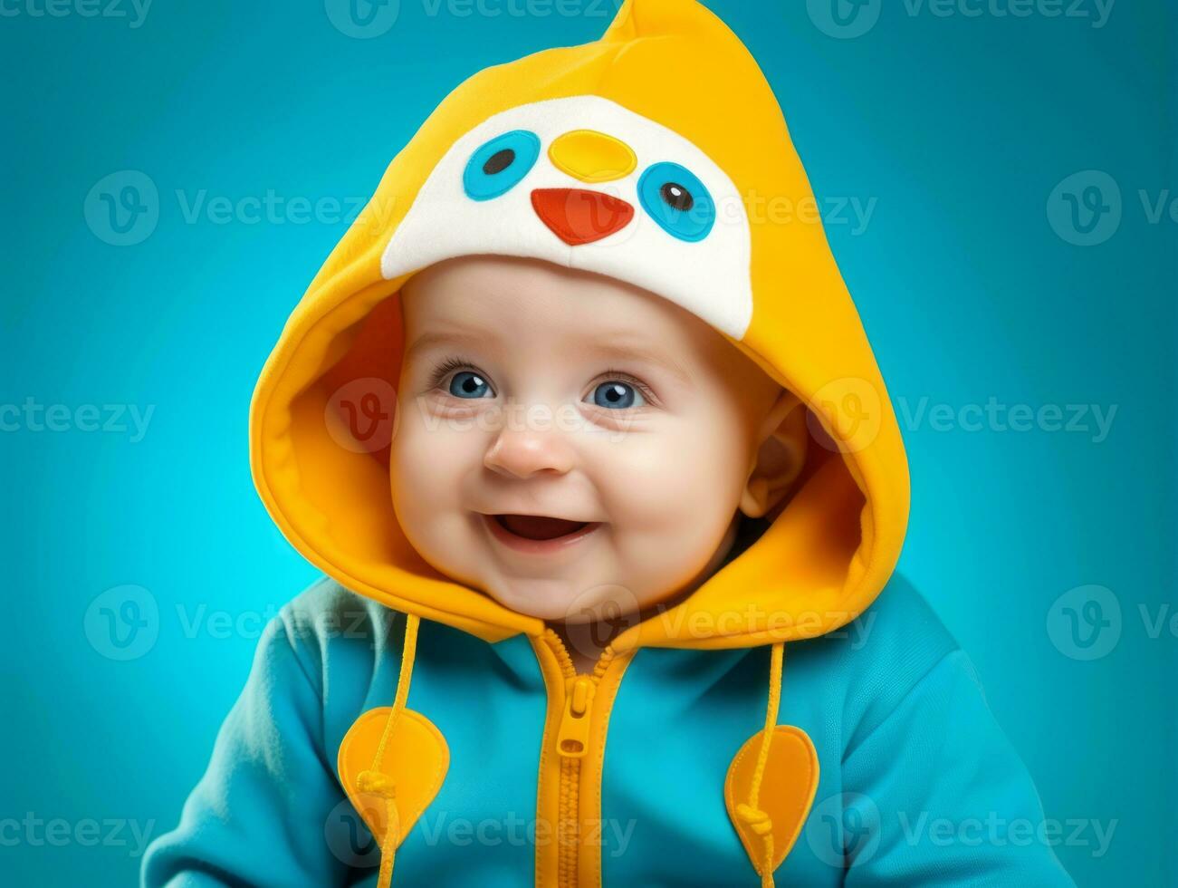 Adorable baby with vibrant clothing in a playful pose AI Generative photo