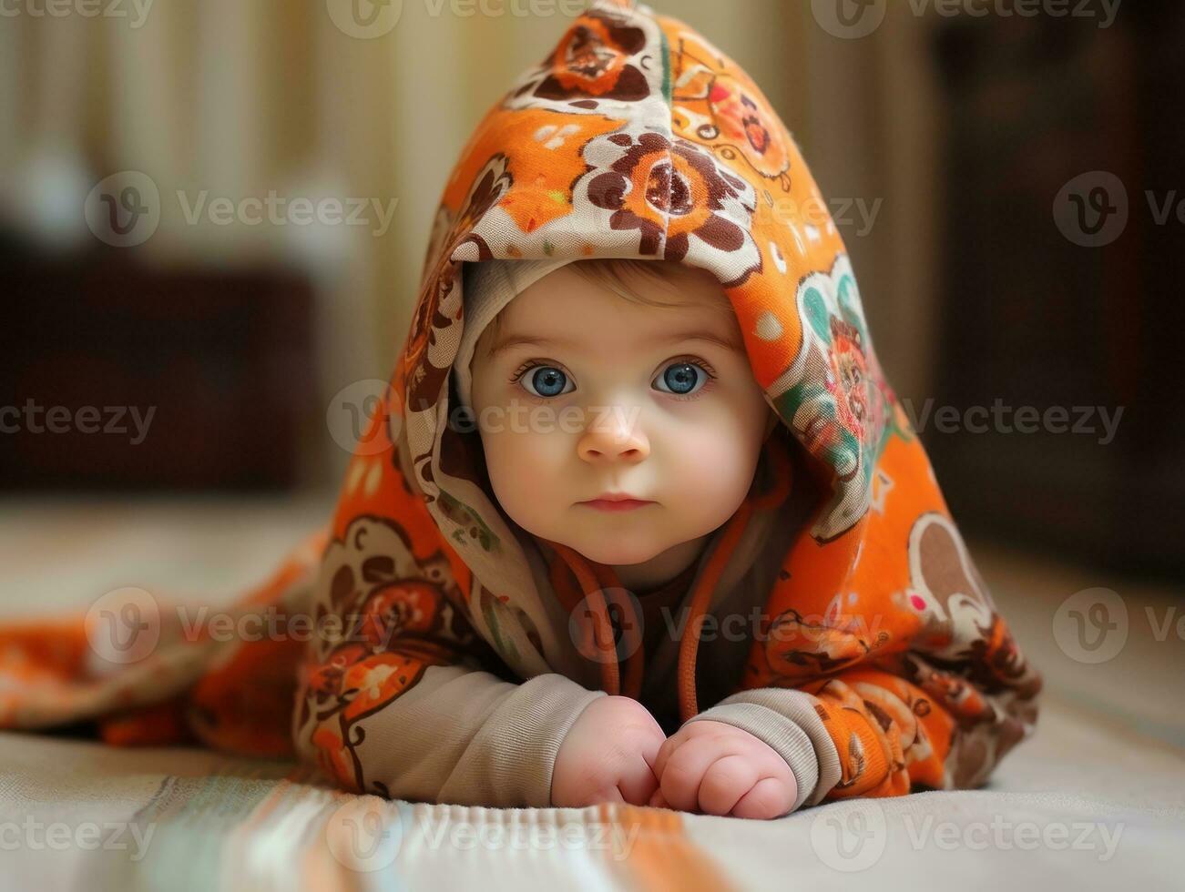 Adorable baby with vibrant clothing in a playful pose AI Generative photo