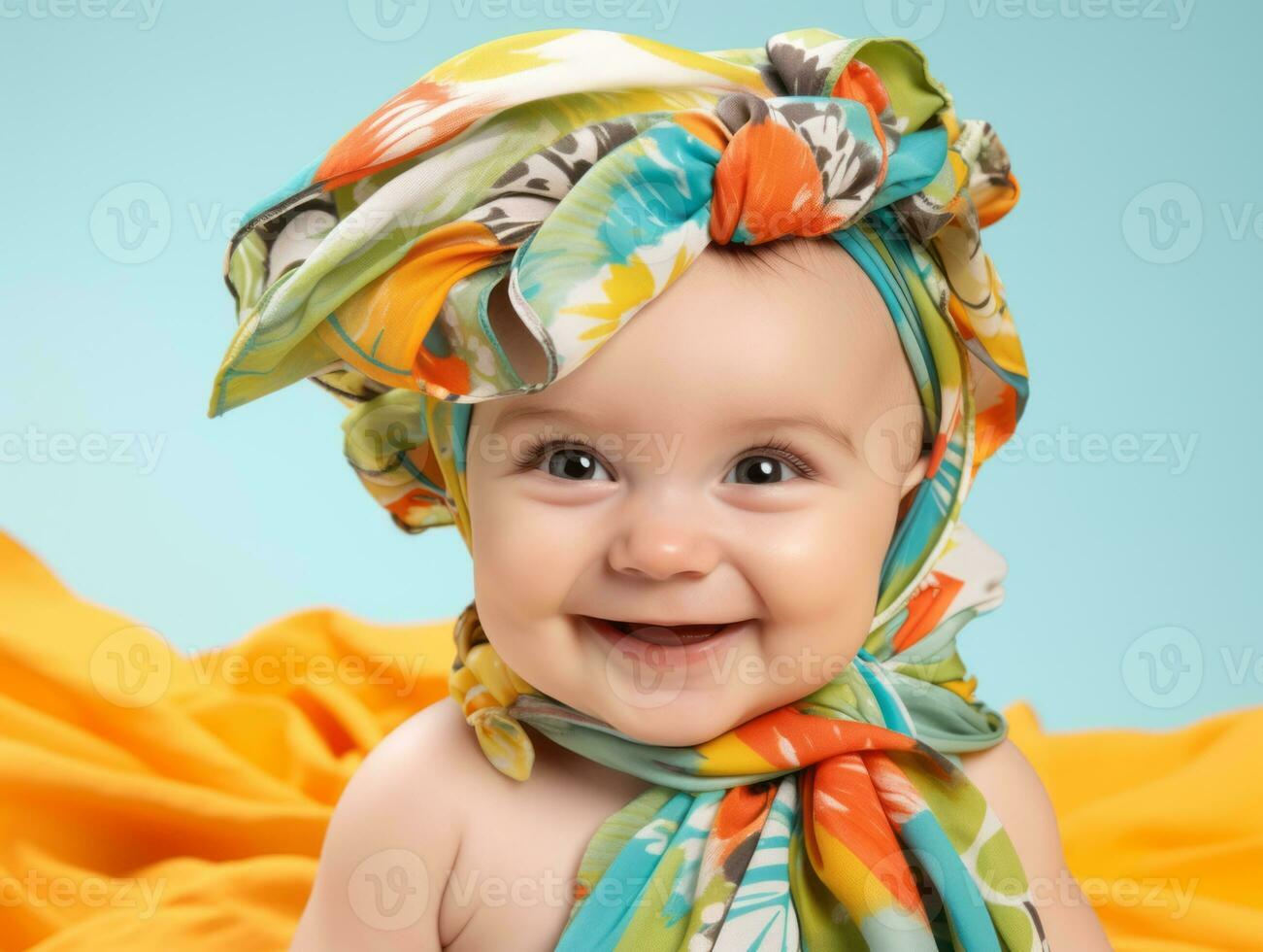 Adorable baby with vibrant clothing in a playful pose AI Generative photo