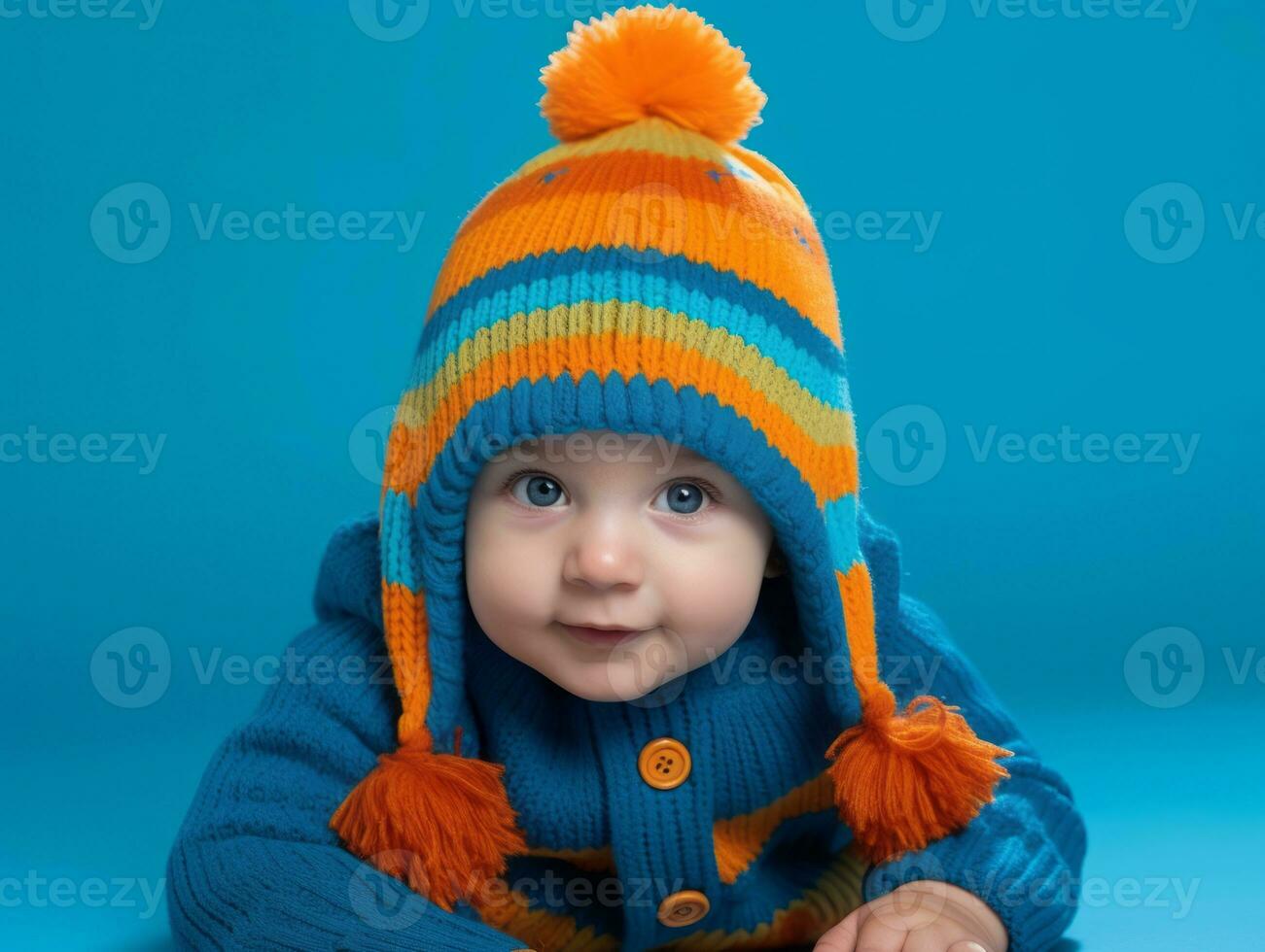 Adorable baby with vibrant clothing in a playful pose AI Generative photo