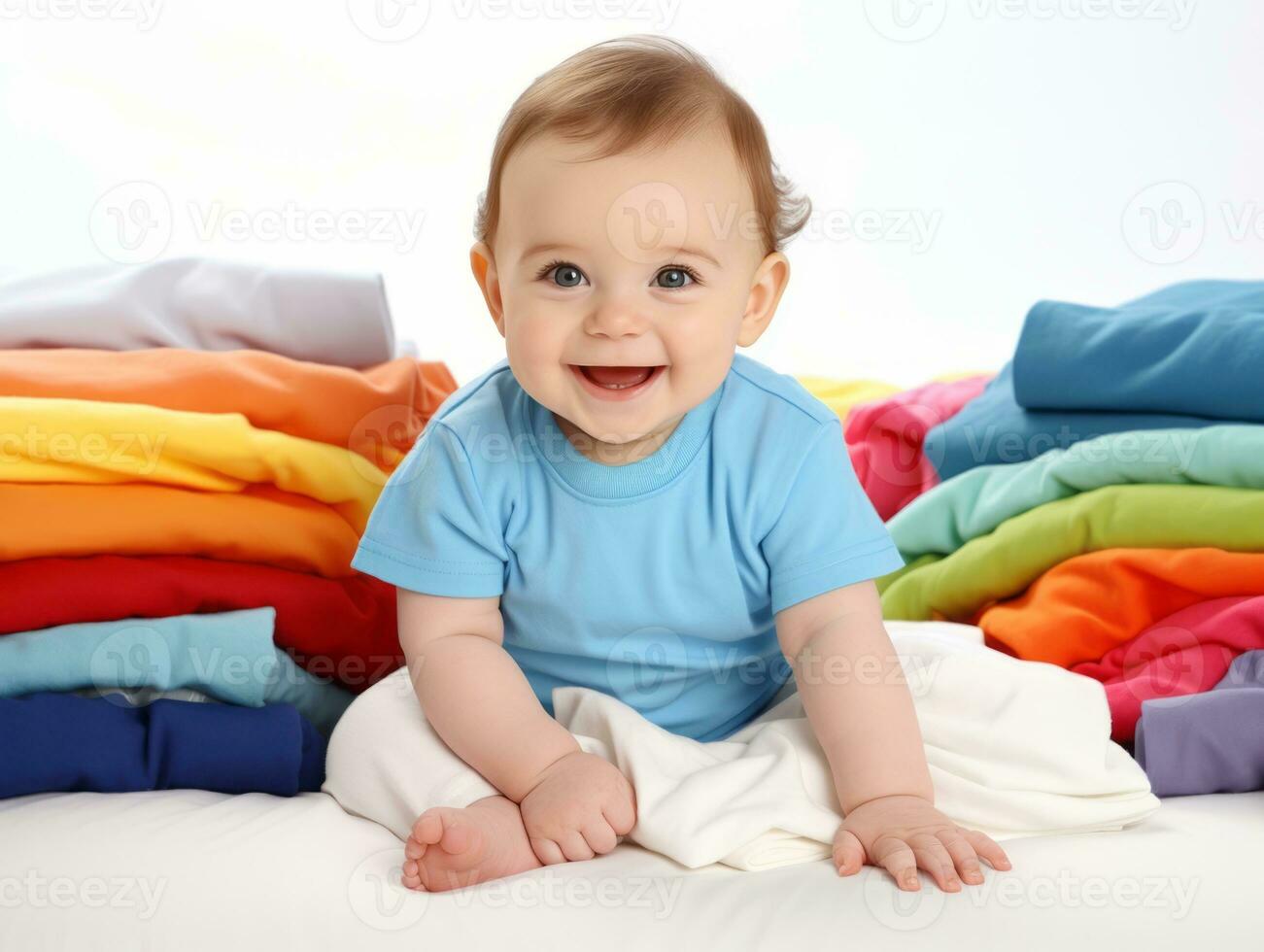 Adorable baby with vibrant clothing in a playful pose AI Generative photo