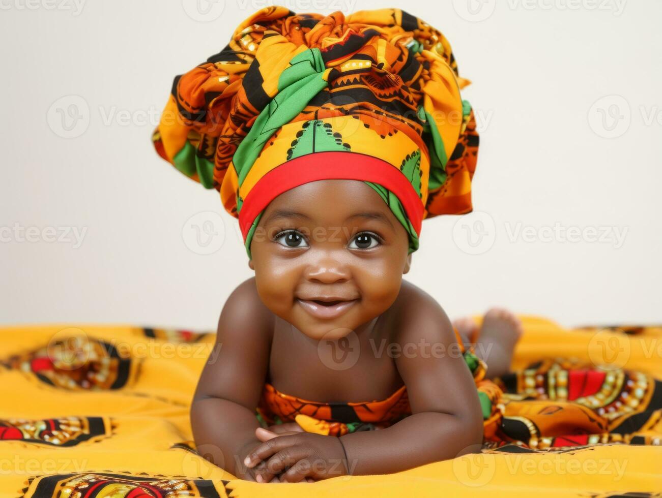 Adorable baby with vibrant clothing in a playful pose AI Generative photo